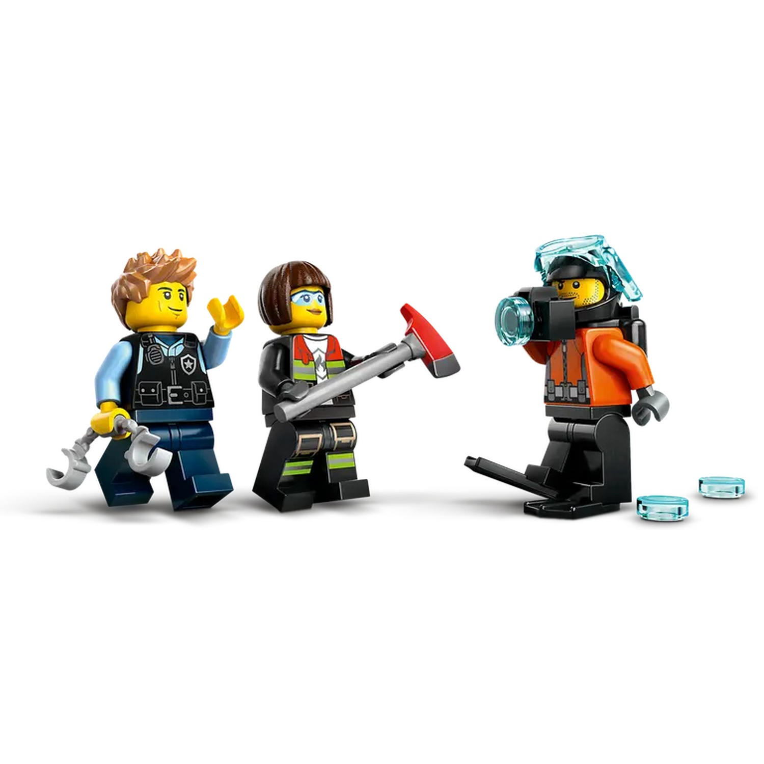 Three Lego figures: a police officer with a hook, a firefighter with an axe, and a diver with equipment, all on a white background.
