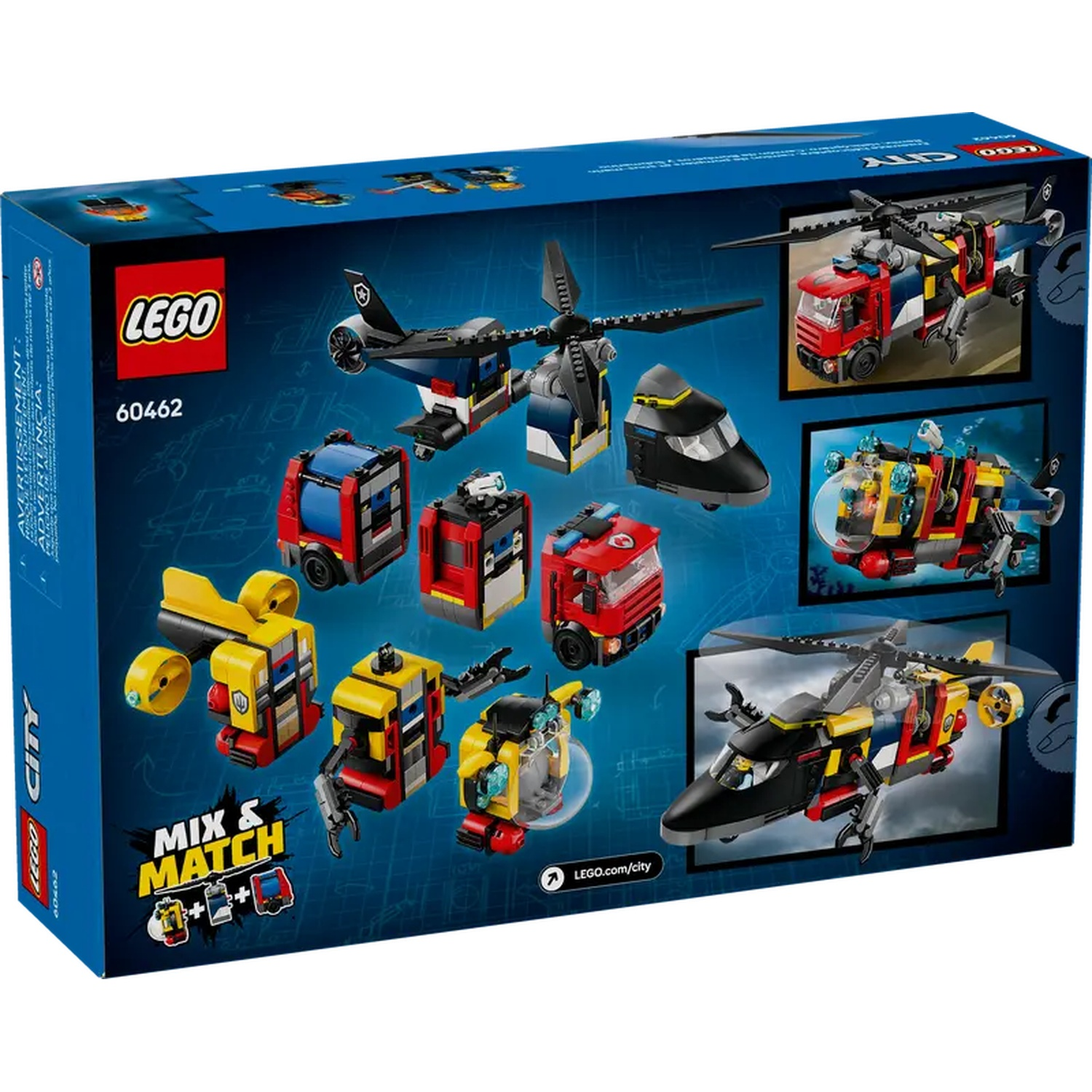 LEGO City box with different toy vehicles, including helicopters and trucks, in various colors. The box says 'MIX & MATCH'.