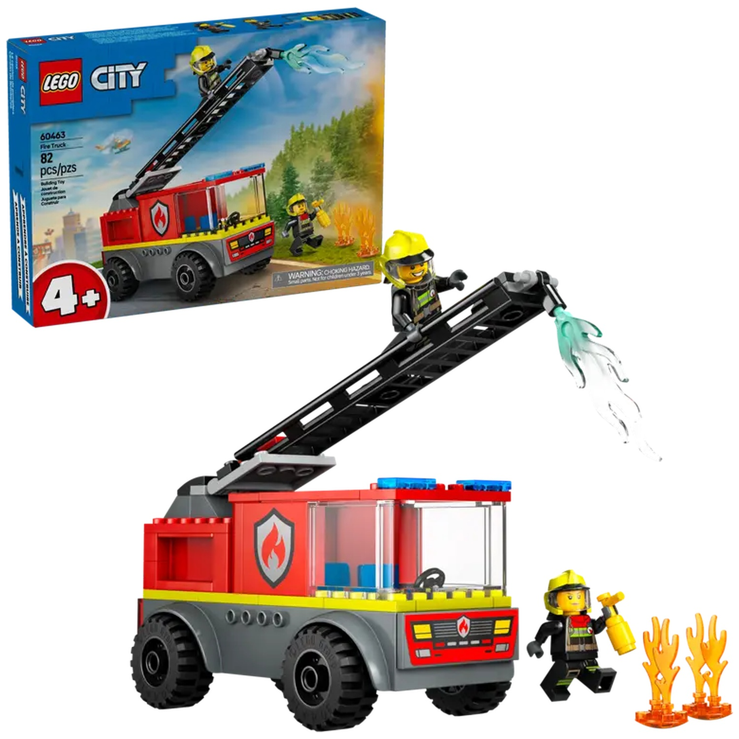 A Lego City fire truck toy set. It includes a red truck with a ladder, two fireman figures, and fire elements.