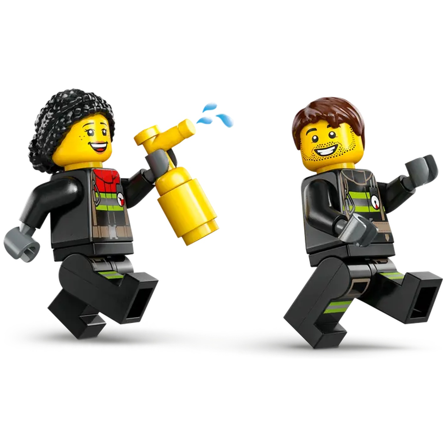 Two Lego figures. One sprays water with a yellow sprayer. The other one is smiling and running.