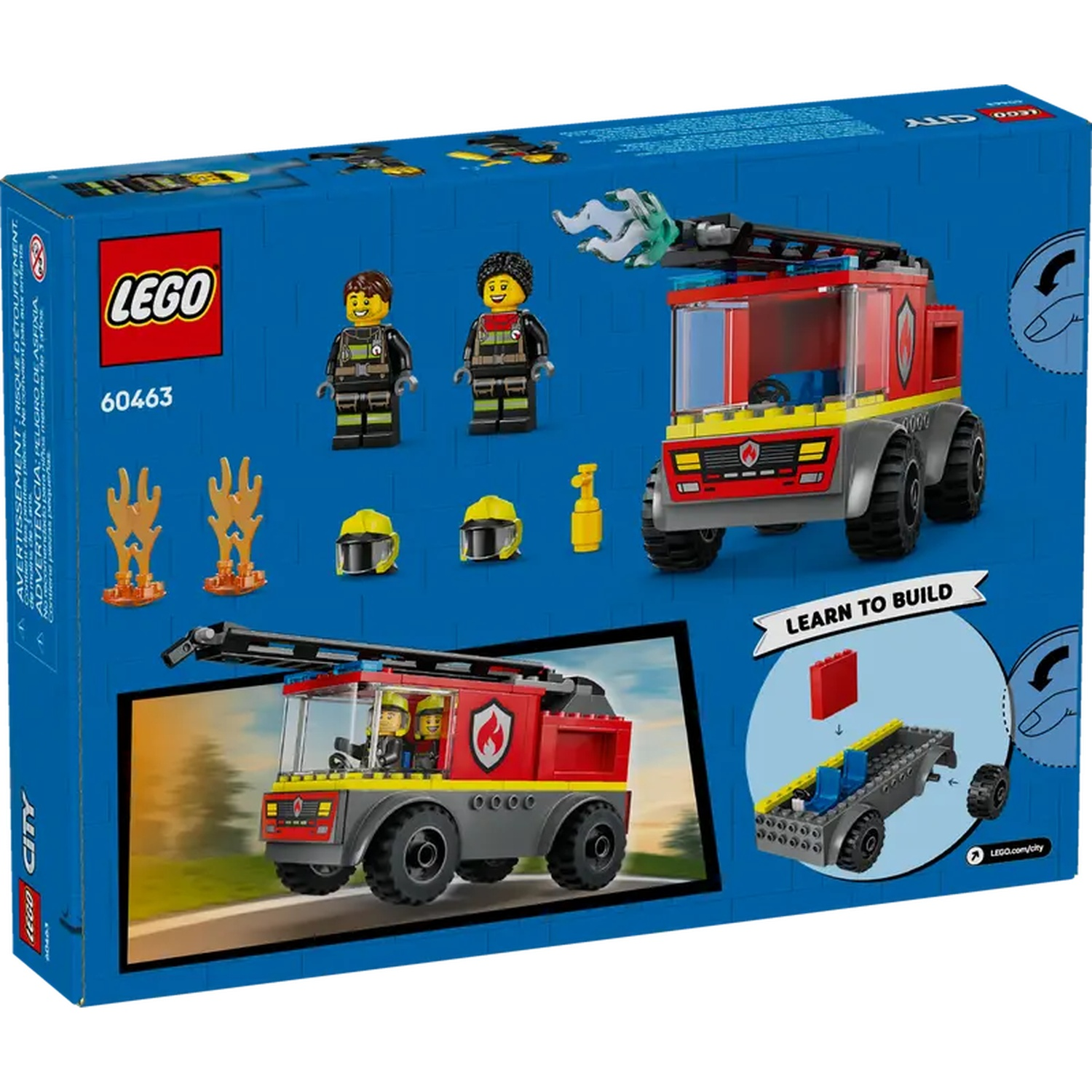 The back of a Lego box. It shows a Lego fire truck, two fireman figures, and instructions. The box is blue with red and yellow accents.