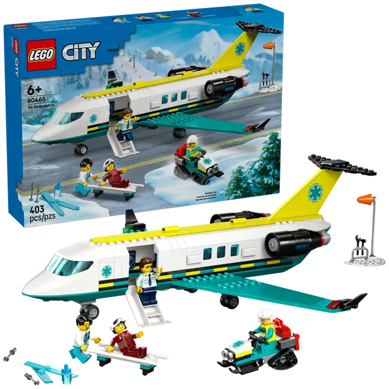 Een Lego City Air Ambulance set. Het bevat een vliegtuig, een sneeuwscooter en minifiguren. Het vliegtuig heeft een wit en blauwgroen kleurenschema.