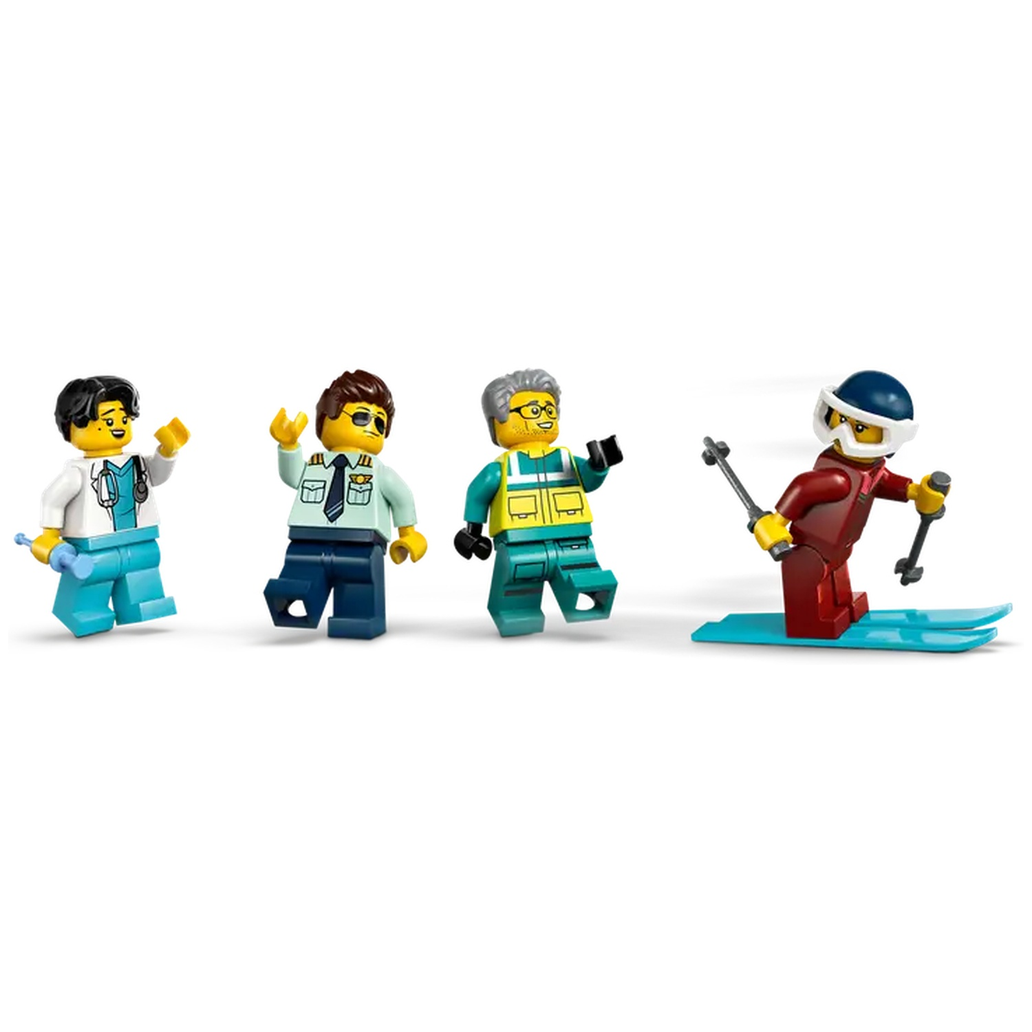 Vier Lego-figuren: dokter, piloot, dokter en skiër. Ze zwaaien en glimlachen. Witte achtergrond.