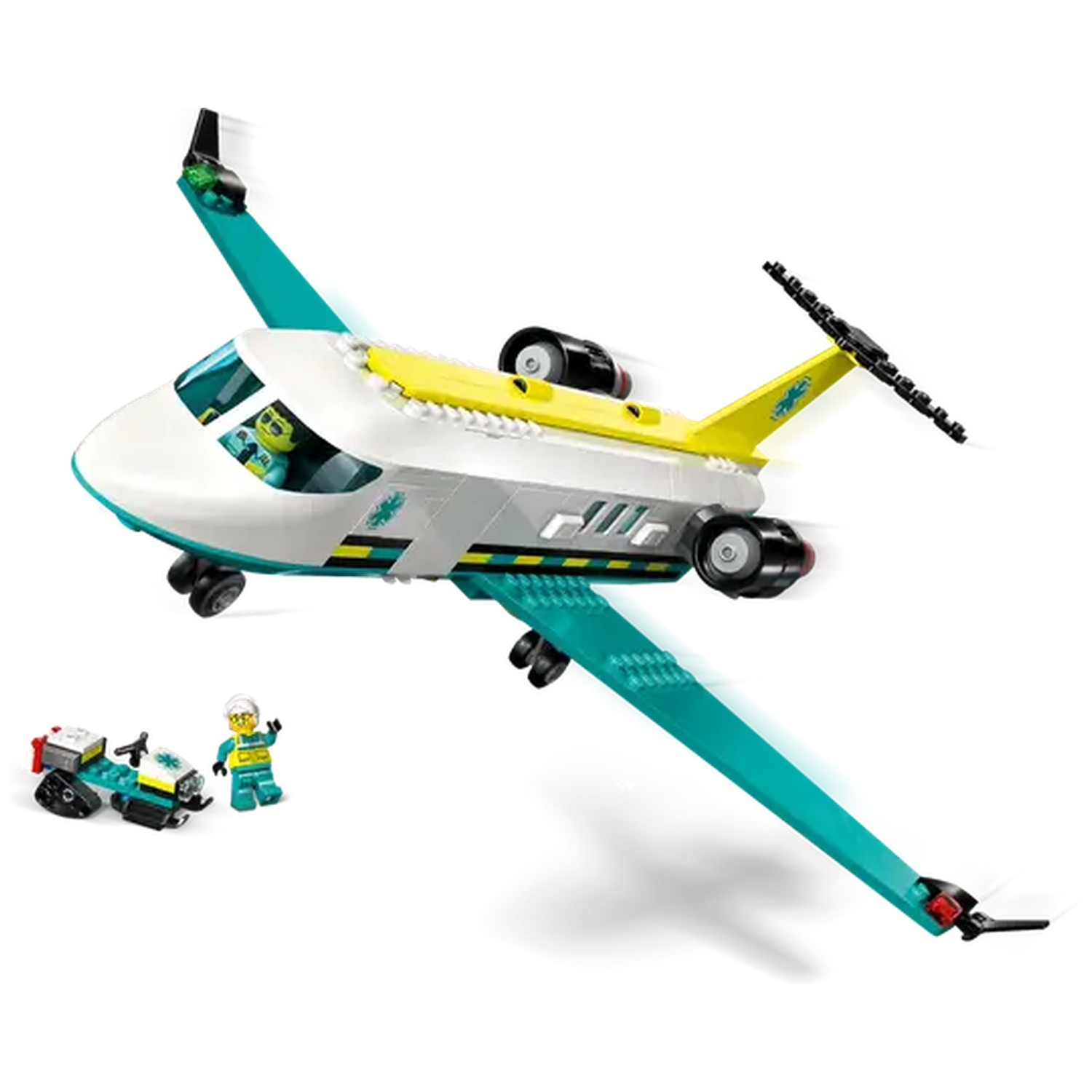 Een Lego-vliegtuigspeelgoed met een gele en witte romp, blauwgroene vleugels en een klein voertuig en figuur. Het vliegtuig is in vlucht.