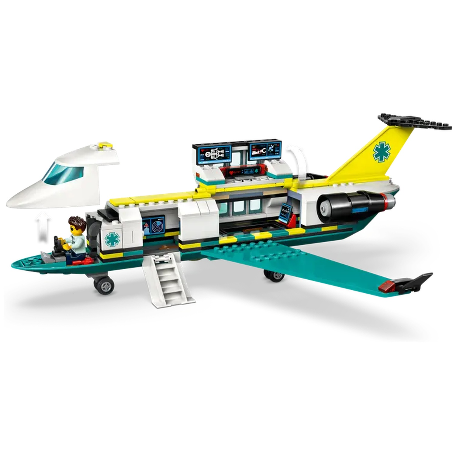 Een Lego medisch vliegtuig. Het heeft een gele staart met een medisch kruis, groene vleugels en een piloot in de cockpit.