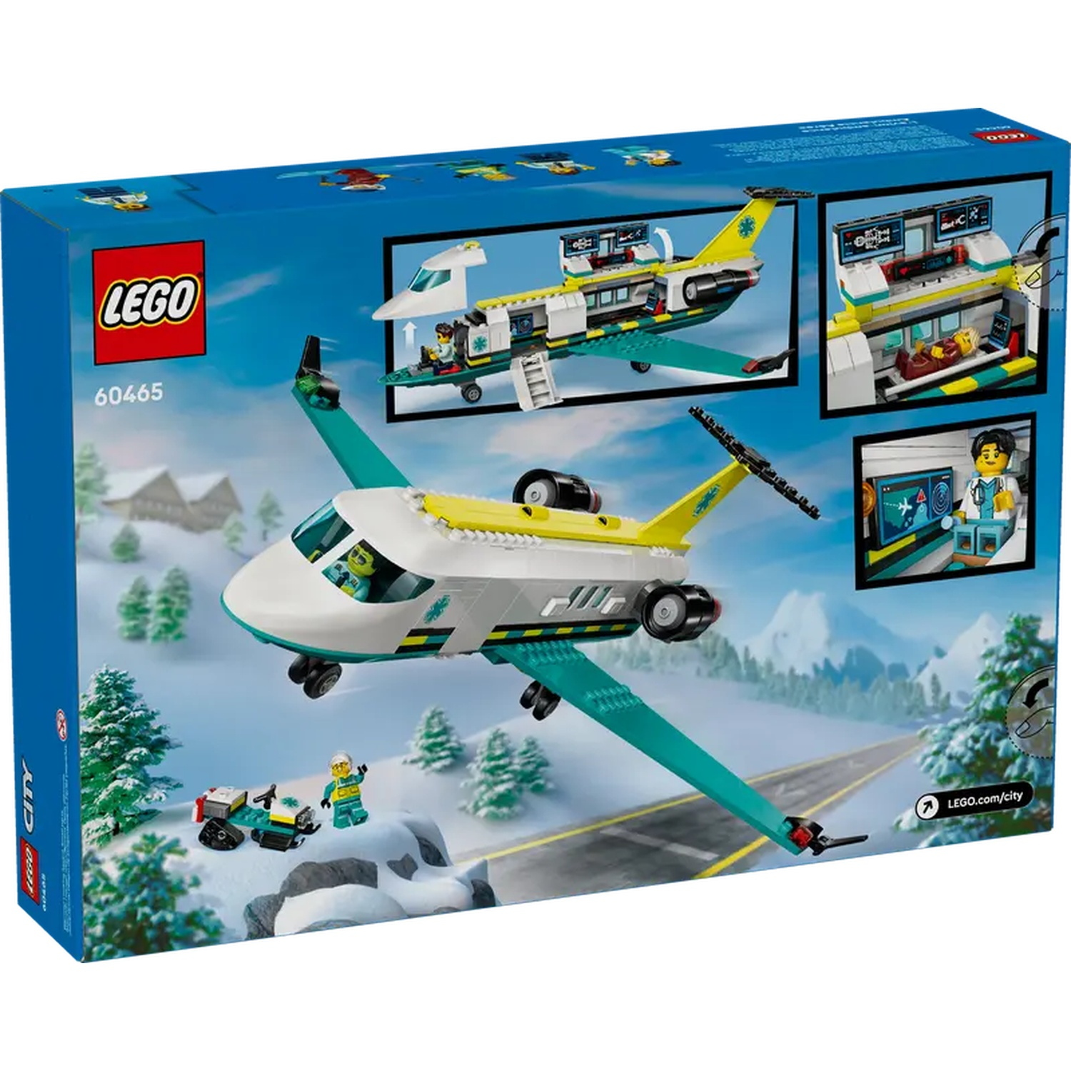 Lego City 60645 doos. Afbeelding toont een wit en geel vliegtuig met groene vleugels. Sneeuwlandschap met bomen en een landingsbaan.
