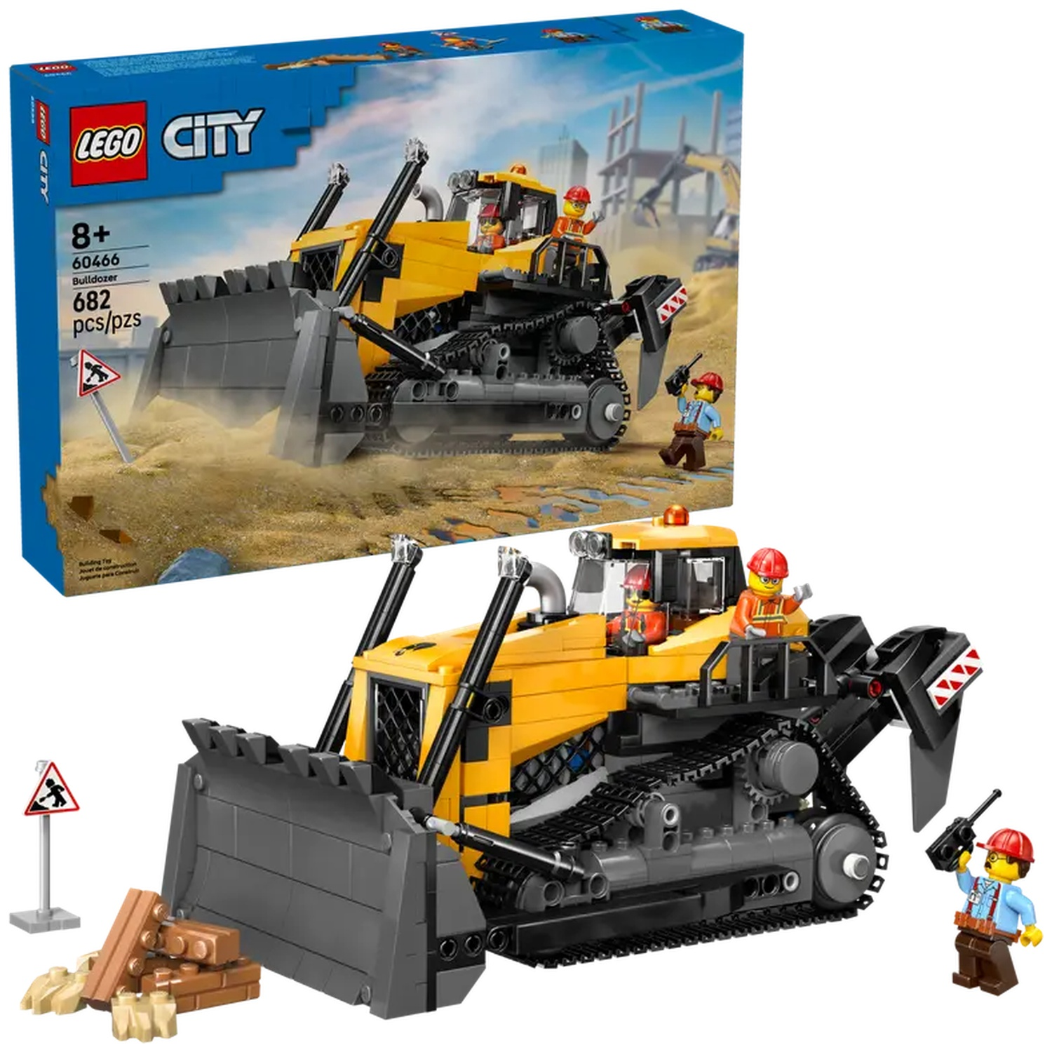 A Lego City bulldozer set, featuring a yellow and black bulldozer, minifigures, and construction site elements. The box is also visible.
