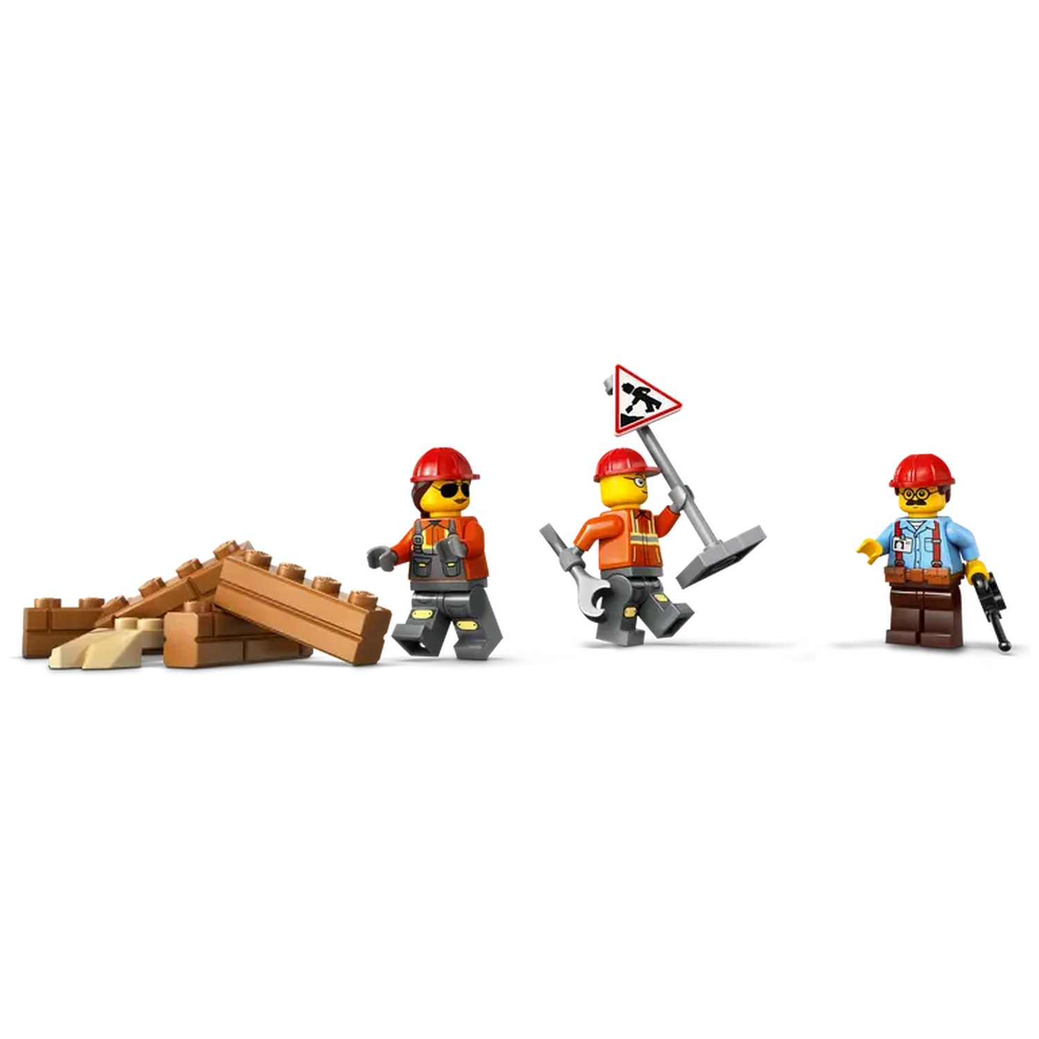 Lego construction workers set. One holds a road sign, another a wrench, and the third a gun. A pile of bricks is to the left.
