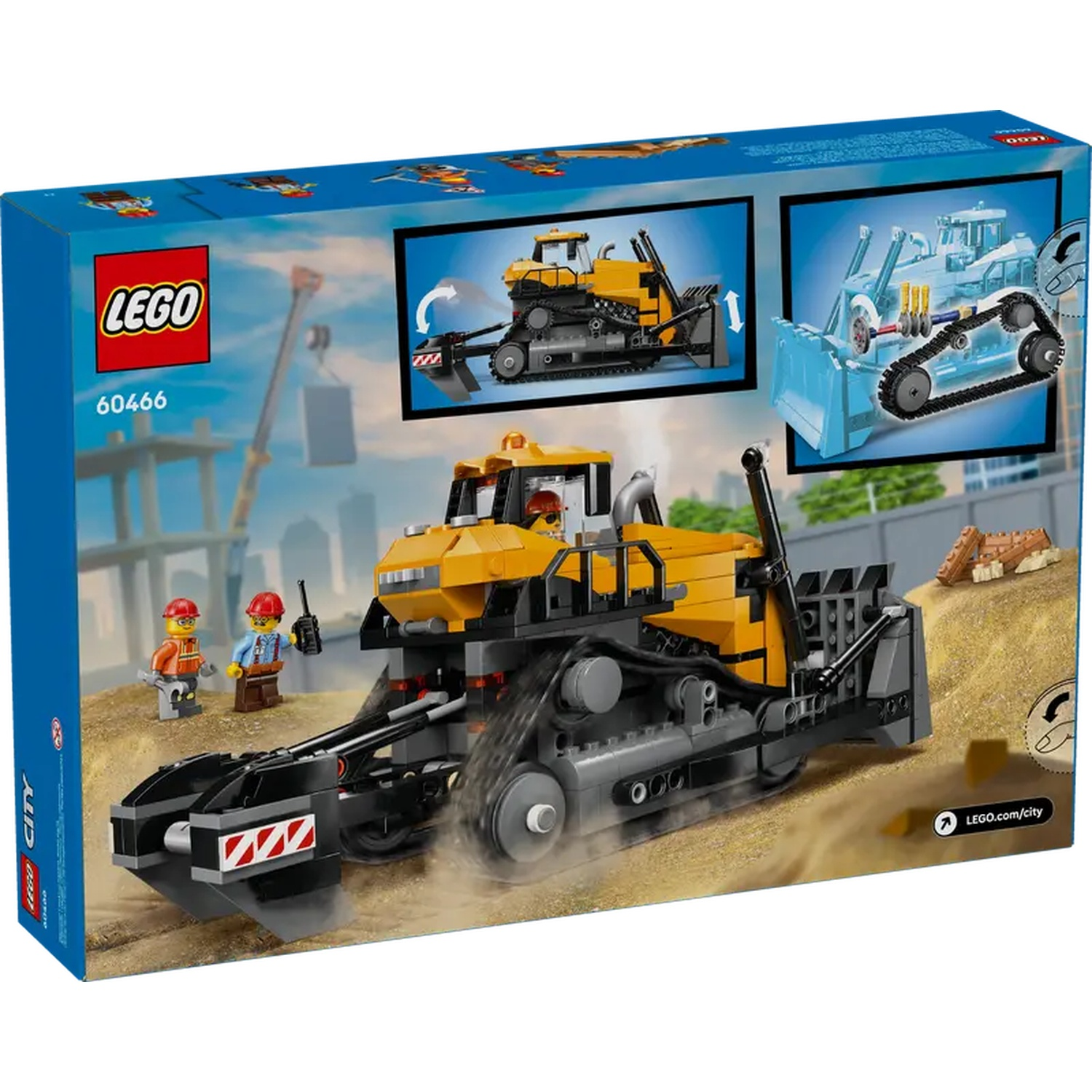 Lego City bulldozer set. Yellow and black bulldozer on sand, with two Lego figures and construction background.