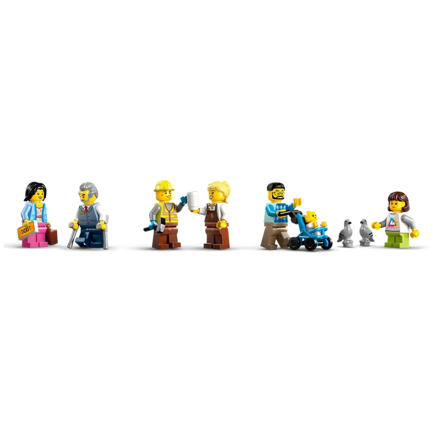 Lego-figuren: vrouw met kaartje, man met stok, bouwvakker, stel met drankjes, man met kinderwagen, vogels, vrouw.