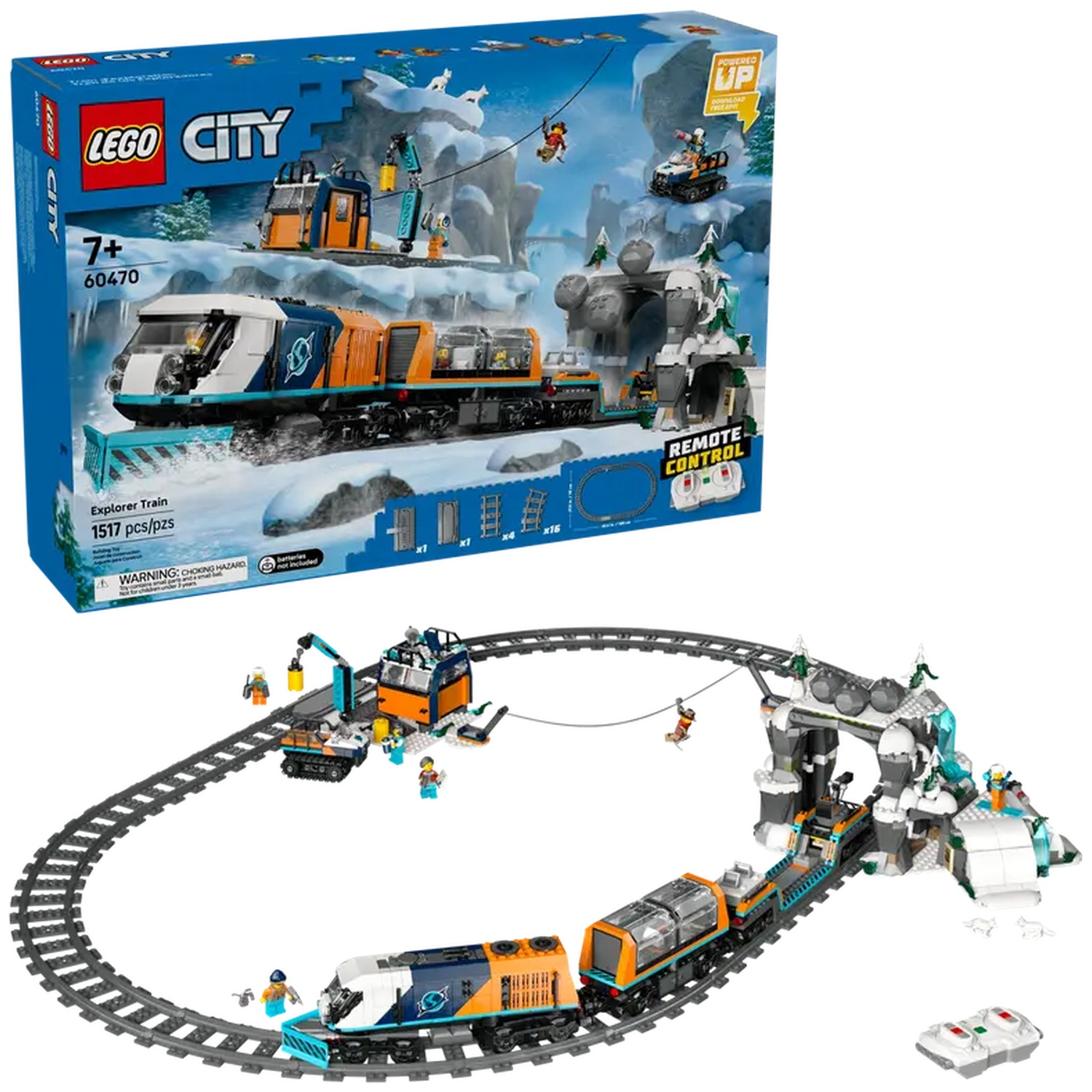 A Lego City Explorer Train set. It includes a train on tracks, a control center, figures, and an icy mountain background.
