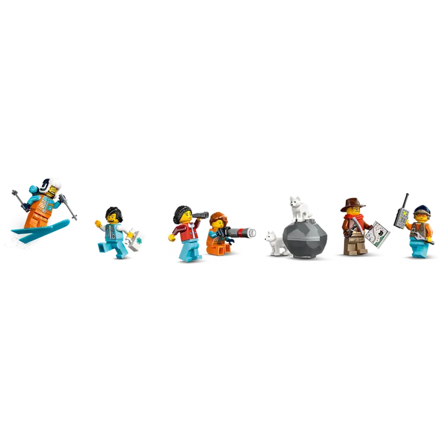 Lego figures depicting various explorers. One skis, another runs. Others use binoculars, observe a white wolf, and carry maps and radios.
