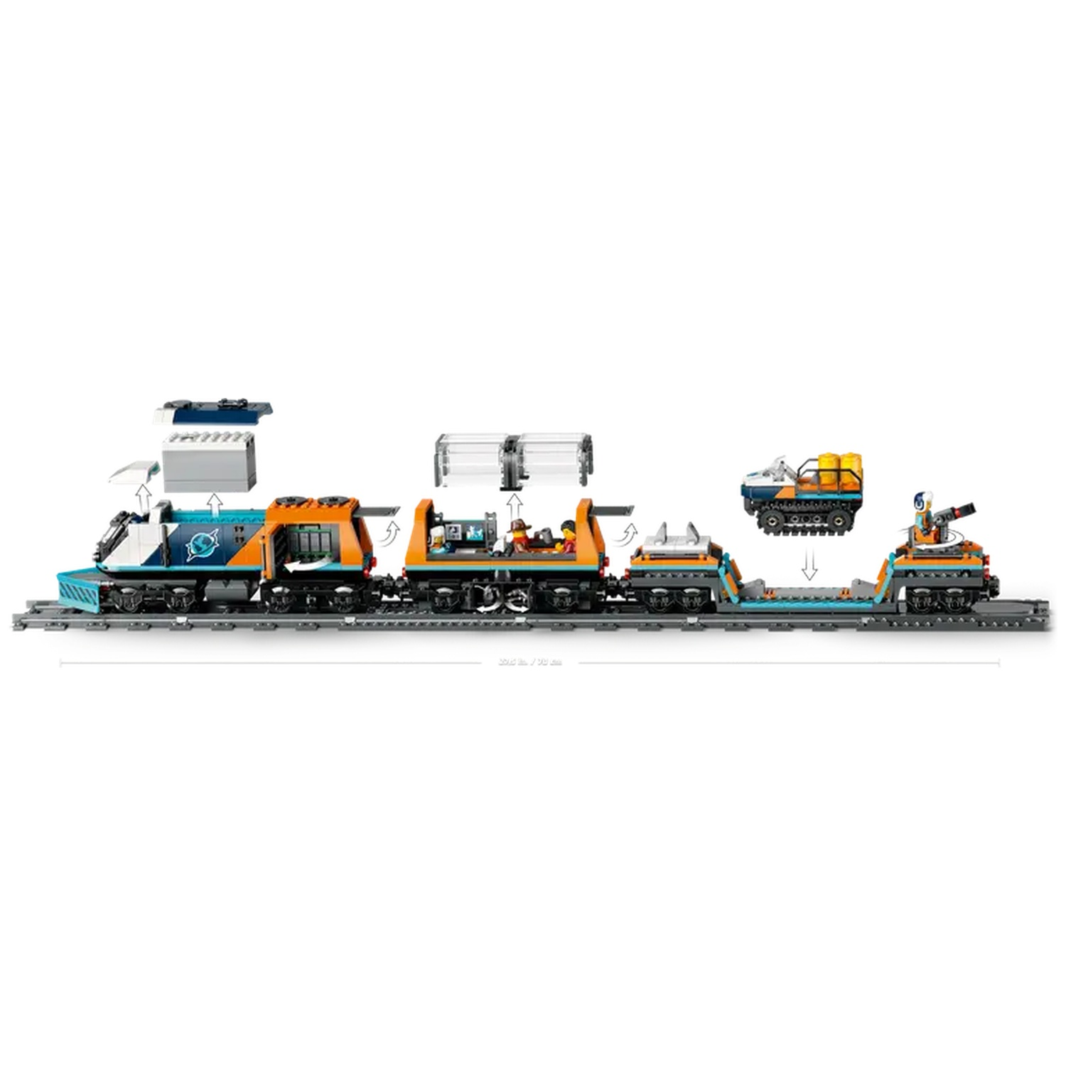 A toy train set with multiple cars, including a locomotive, cargo cars, and a small vehicle, all on a track.