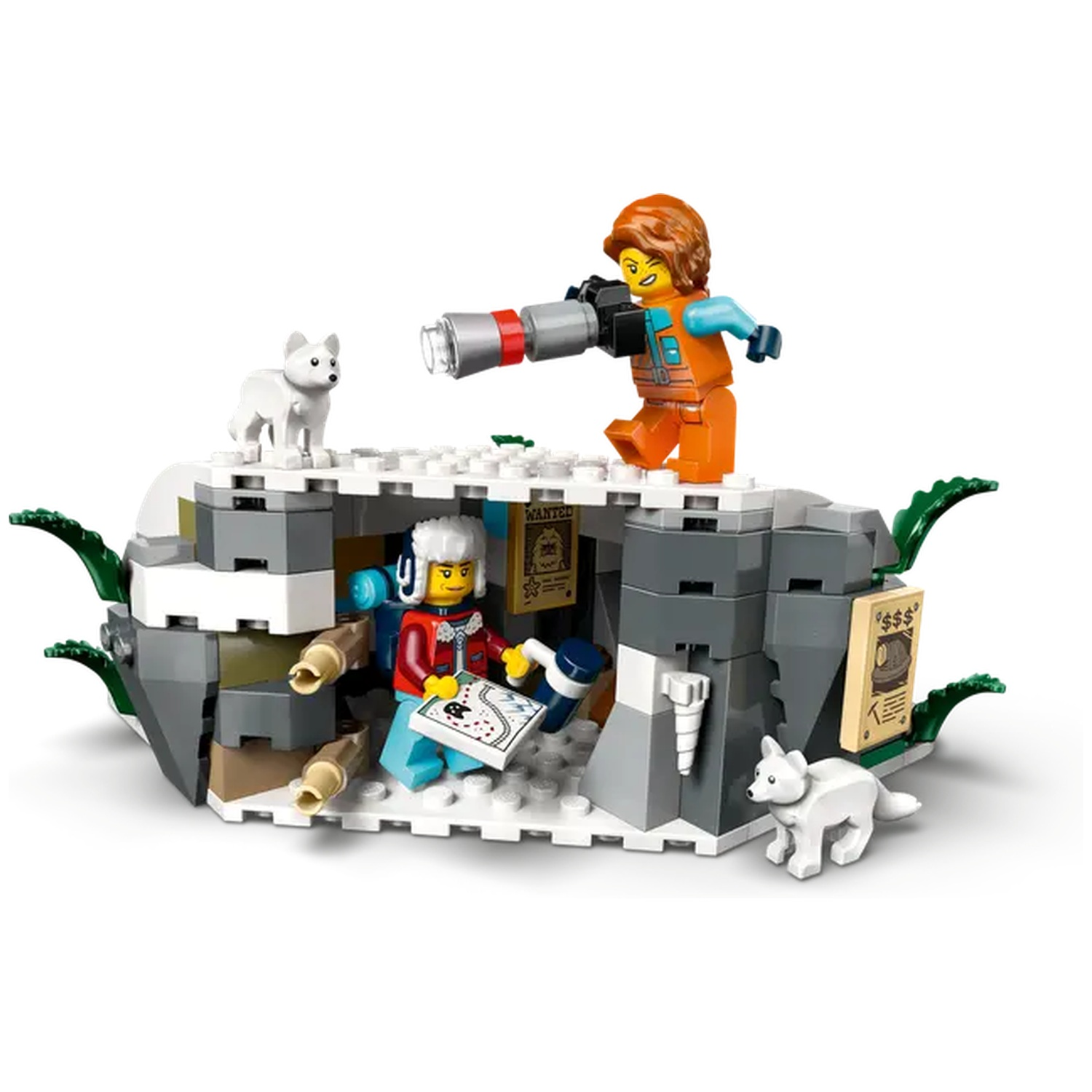 Lego scene with three minifigures, two white wolves, and a snow-covered structure. One figure aims a scope.