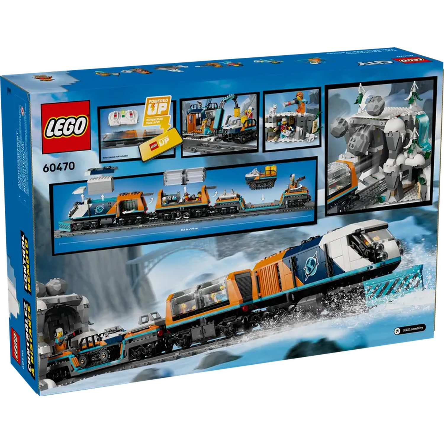 Lego City box art. A train set traverses a snowy landscape. The box features images of the set's components and a powered-up logo.