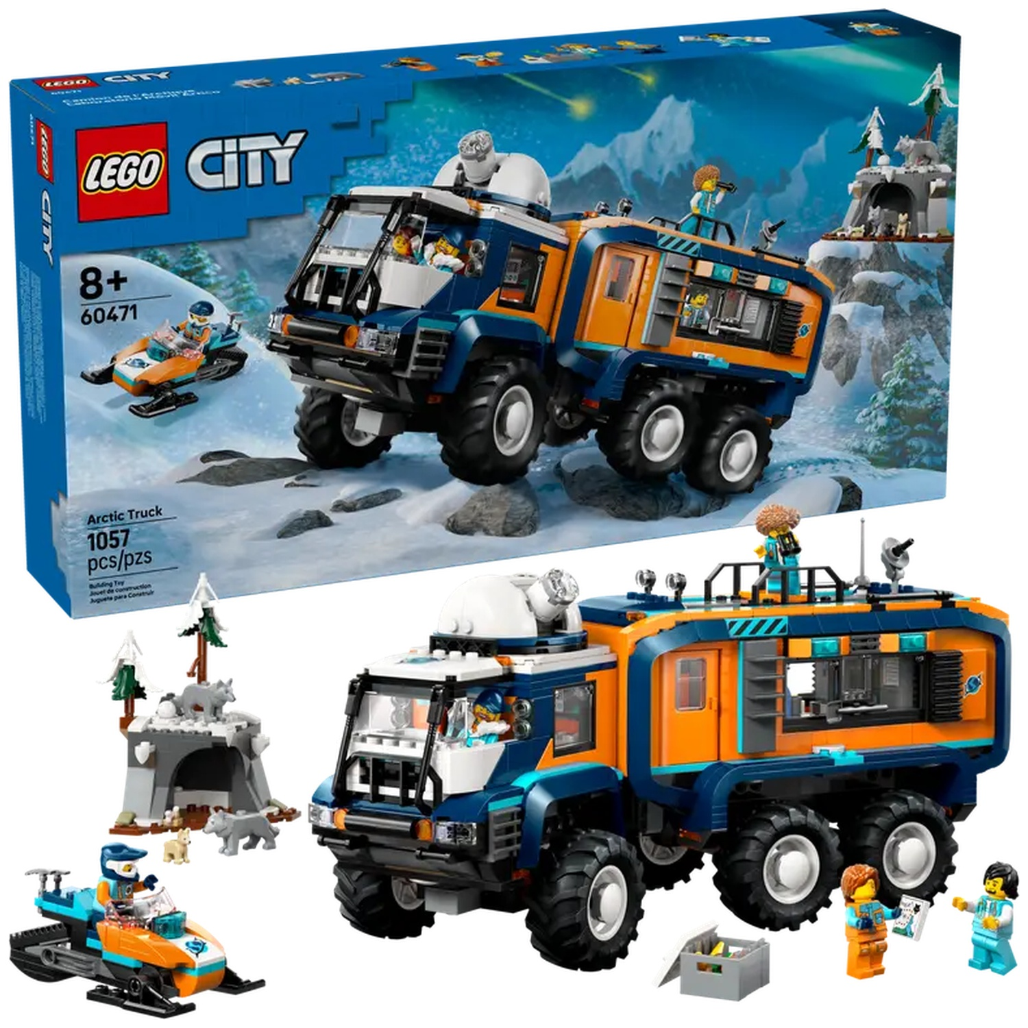 Lego City Arctic Truck set. Includes a large blue and orange truck, snowmobile, arctic scene, and several mini-figures.