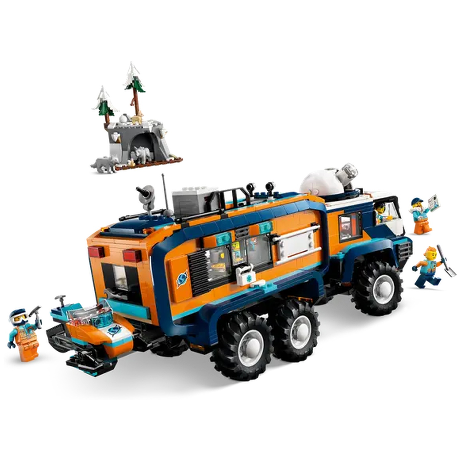 A Lego set featuring an orange and blue truck, a snowmobile, miniature figures, a cave, and trees, all on a white background.