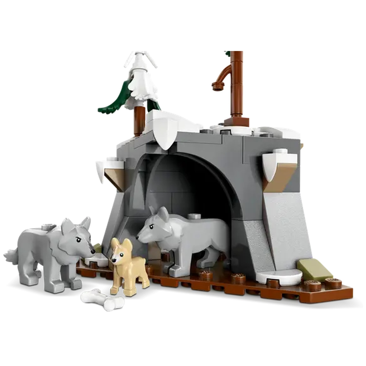 A Lego scene depicts wolves and a dog near a cave. A bone is on the ground. A tree and a brown tap are visible.
