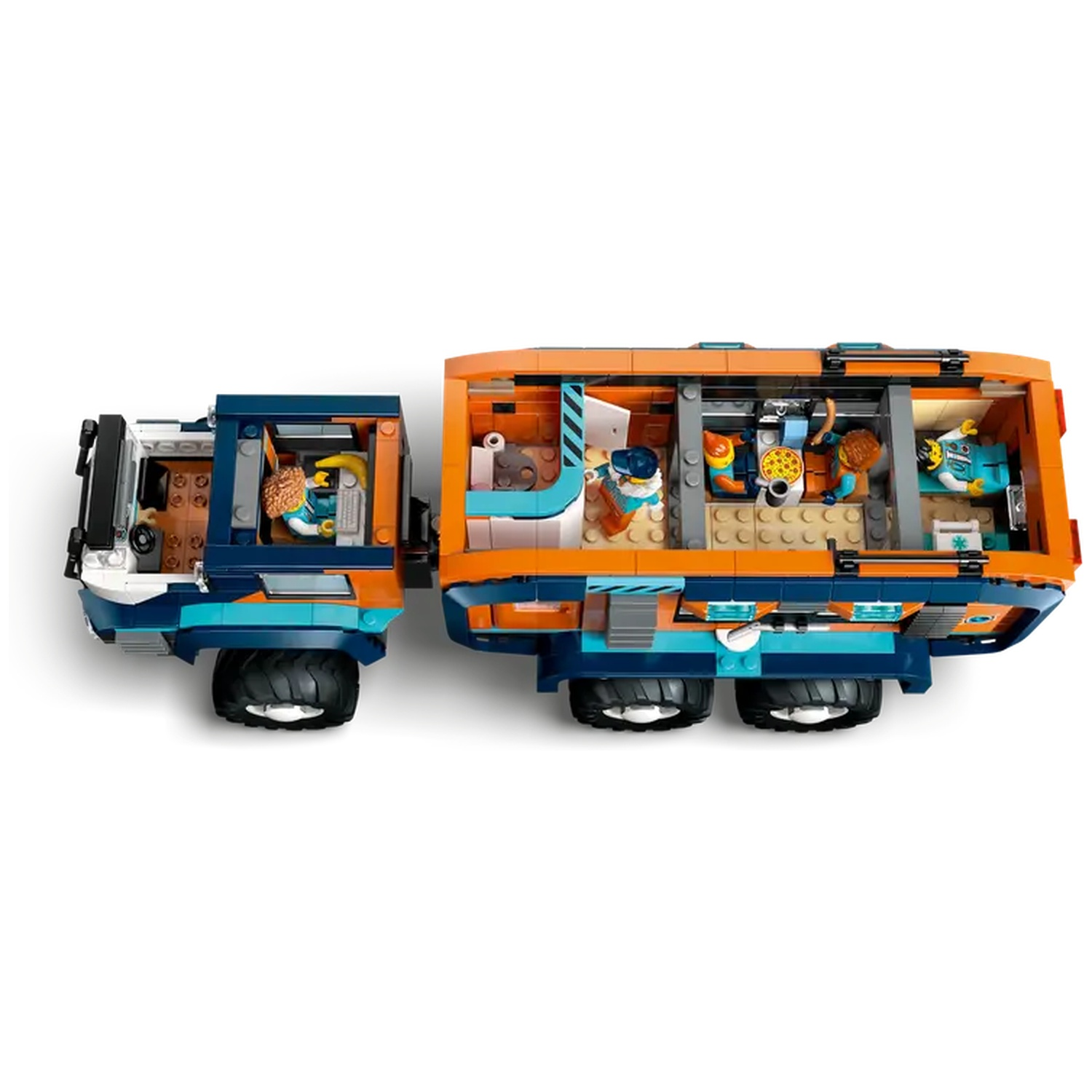 A Lego truck with an orange and blue cabin. Inside, Lego figures are seen. The truck is on a white background. 