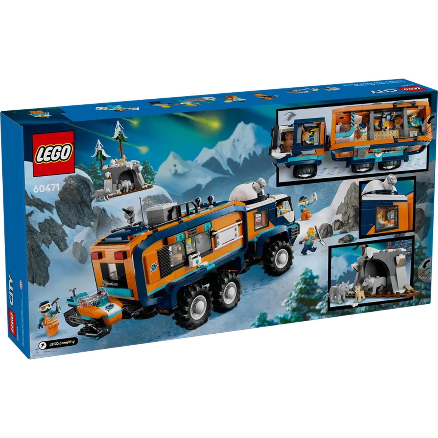 Lego box set. Features a large orange and blue truck, a snowmobile, and a snowy scene with a cave and arctic animals.