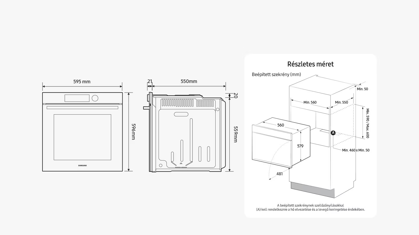 Samsung sütő diagramja méretekkel: szélesség 595 mm, magasság 596 mm. Oldal- és beépített szekrény nézetek.