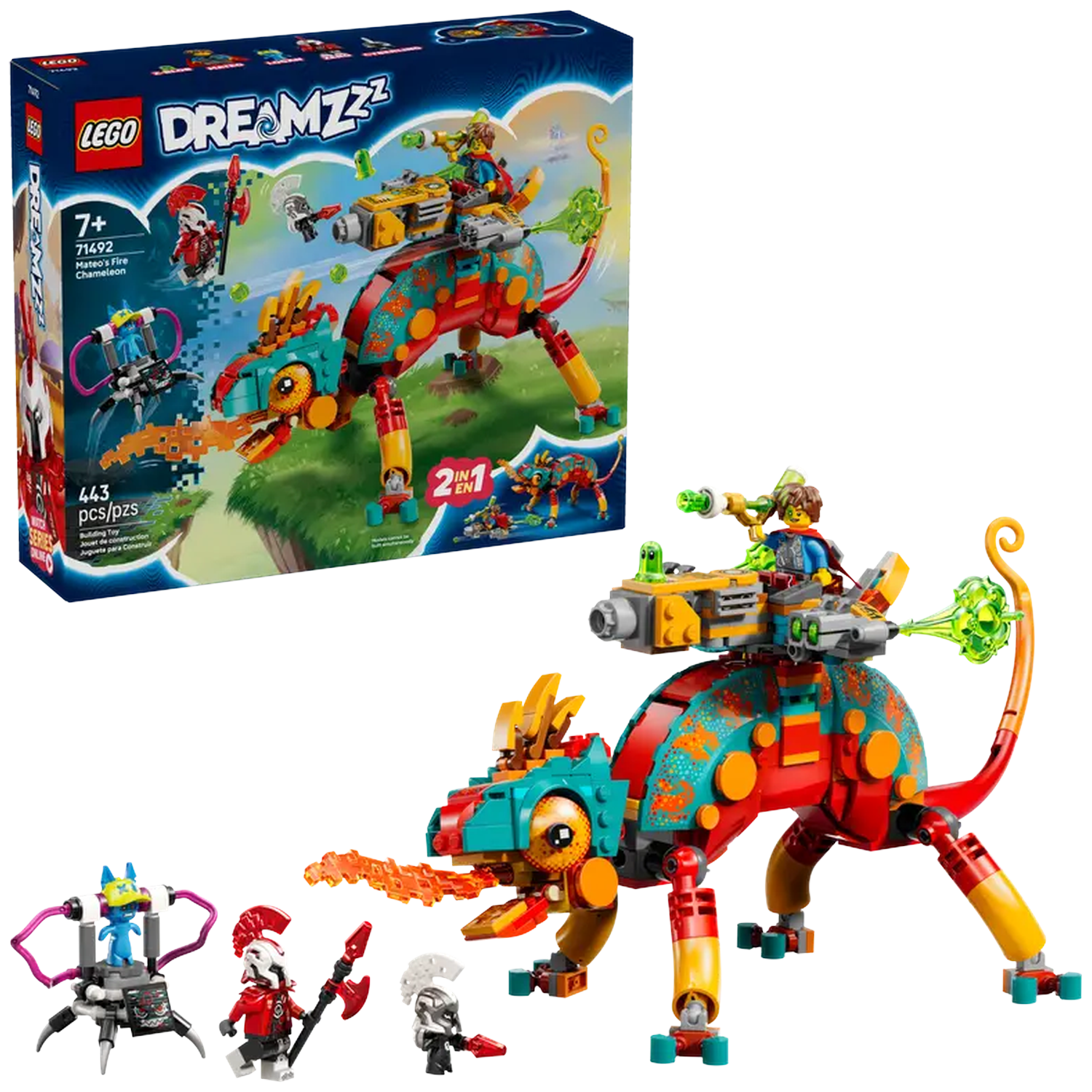 Lego Dreamzzz set. A large, red and teal chameleon with a rider. Includes several mini figures and a box with the set name.