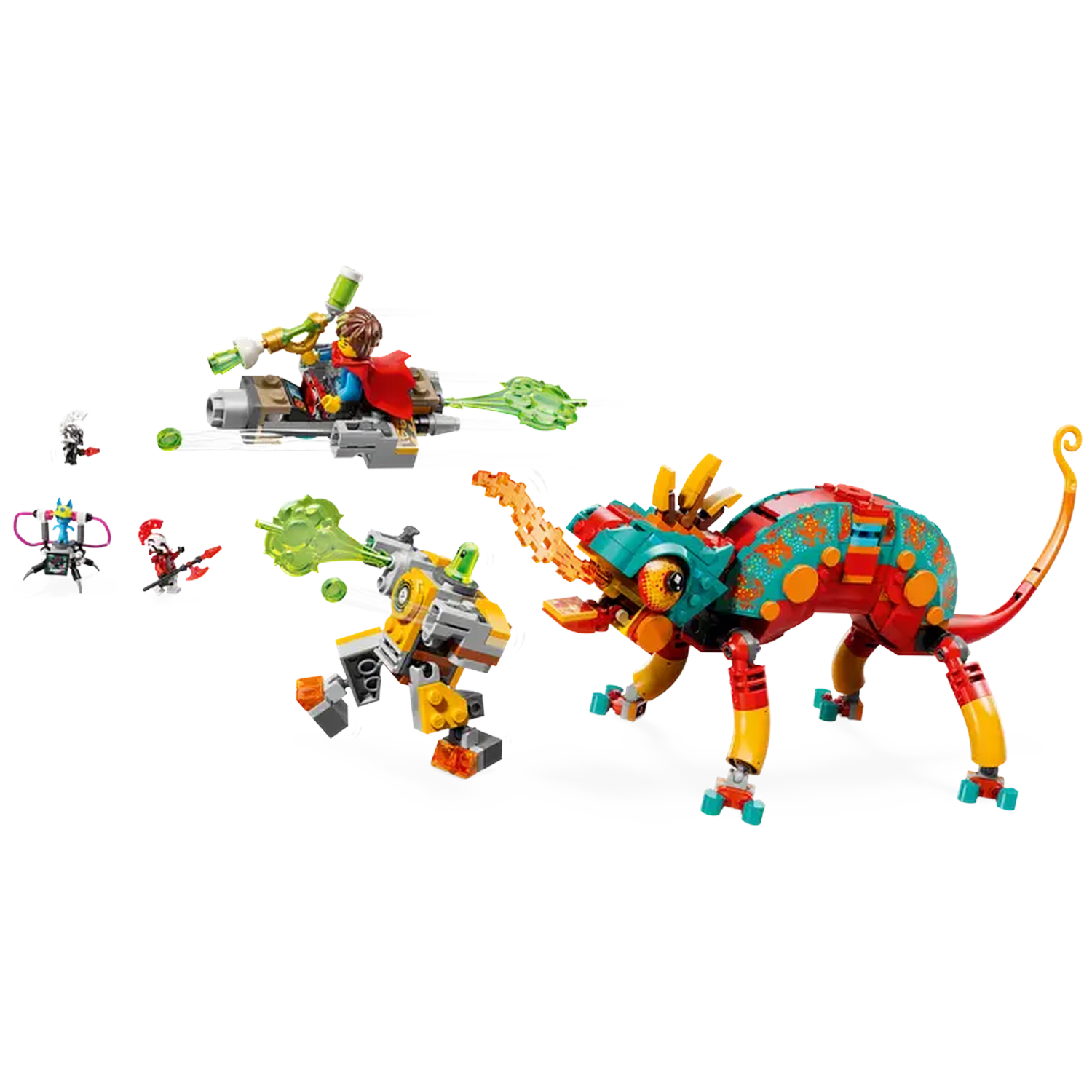 Lego set with various figures: a rider on a vehicle, a yellow robot, a chameleon, and other small characters.