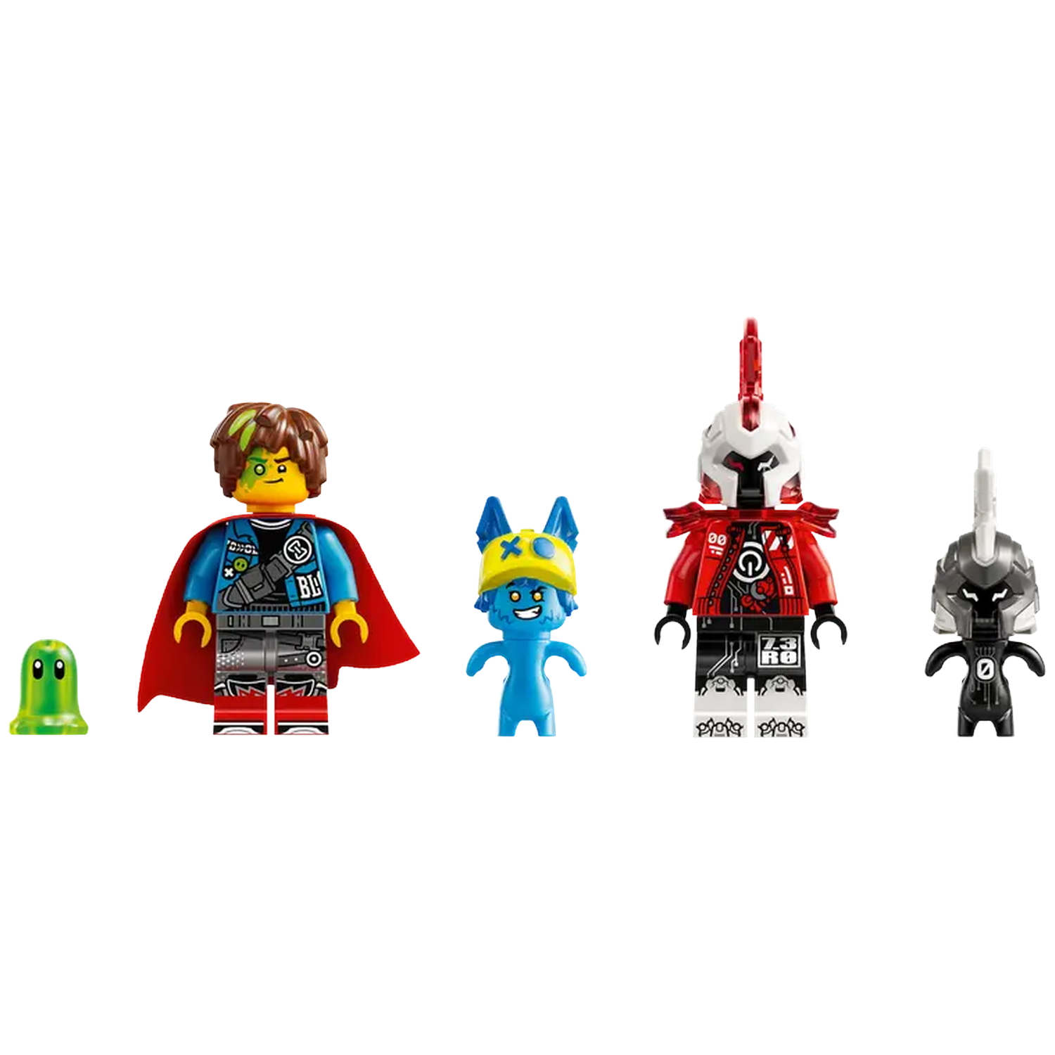 Five Lego figures: green blob, boy with cape, blue figure, red and white figure, and black figure on a white background.