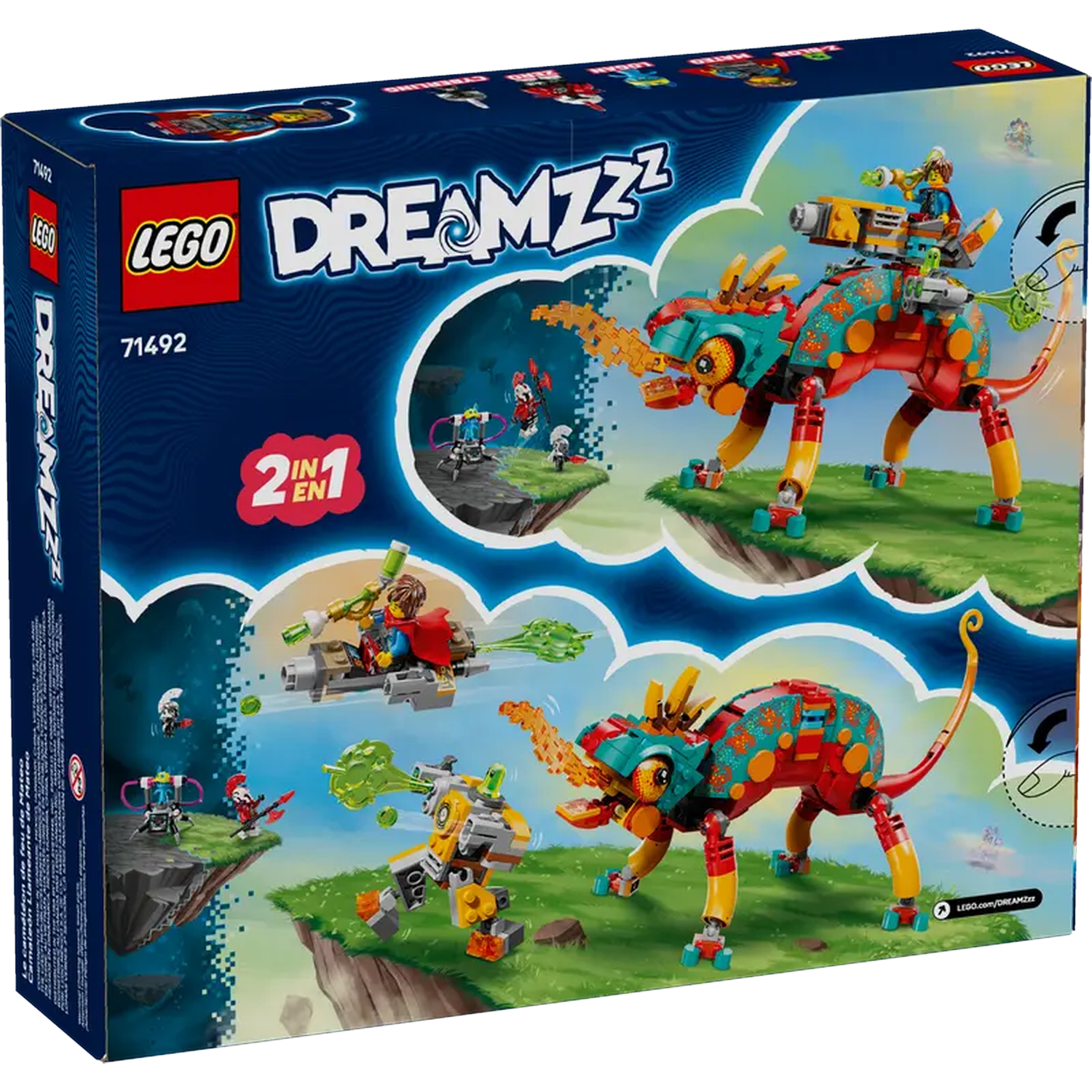 Lego Dreamzzz box. Shows a red and green chameleon-like creature with a rider, and other Lego figures with a blue background.