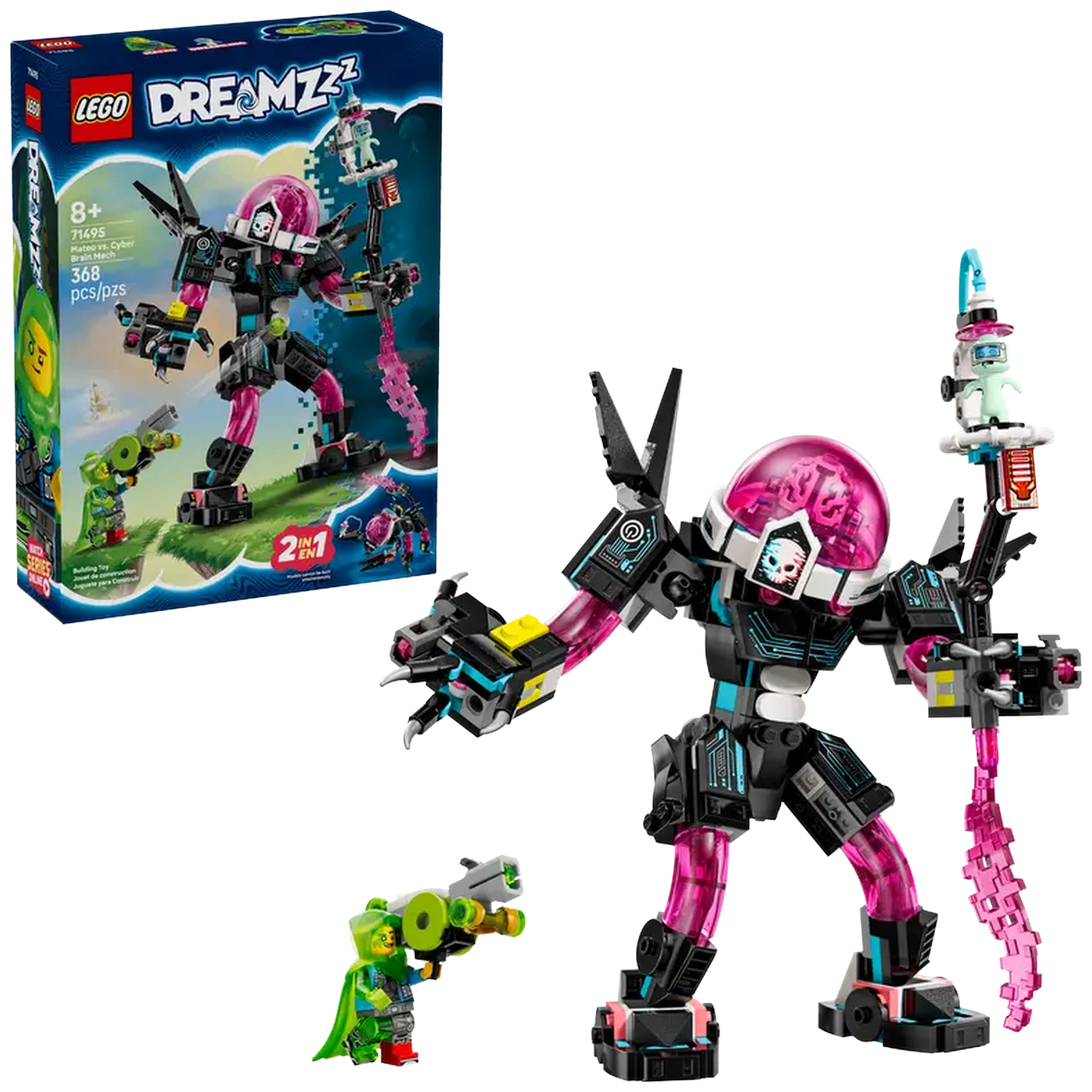 Lego Dreamzzz set. A black and pink mech with a brain-shaped head and a minifigure. A box displays the set with a green and yellow figure.