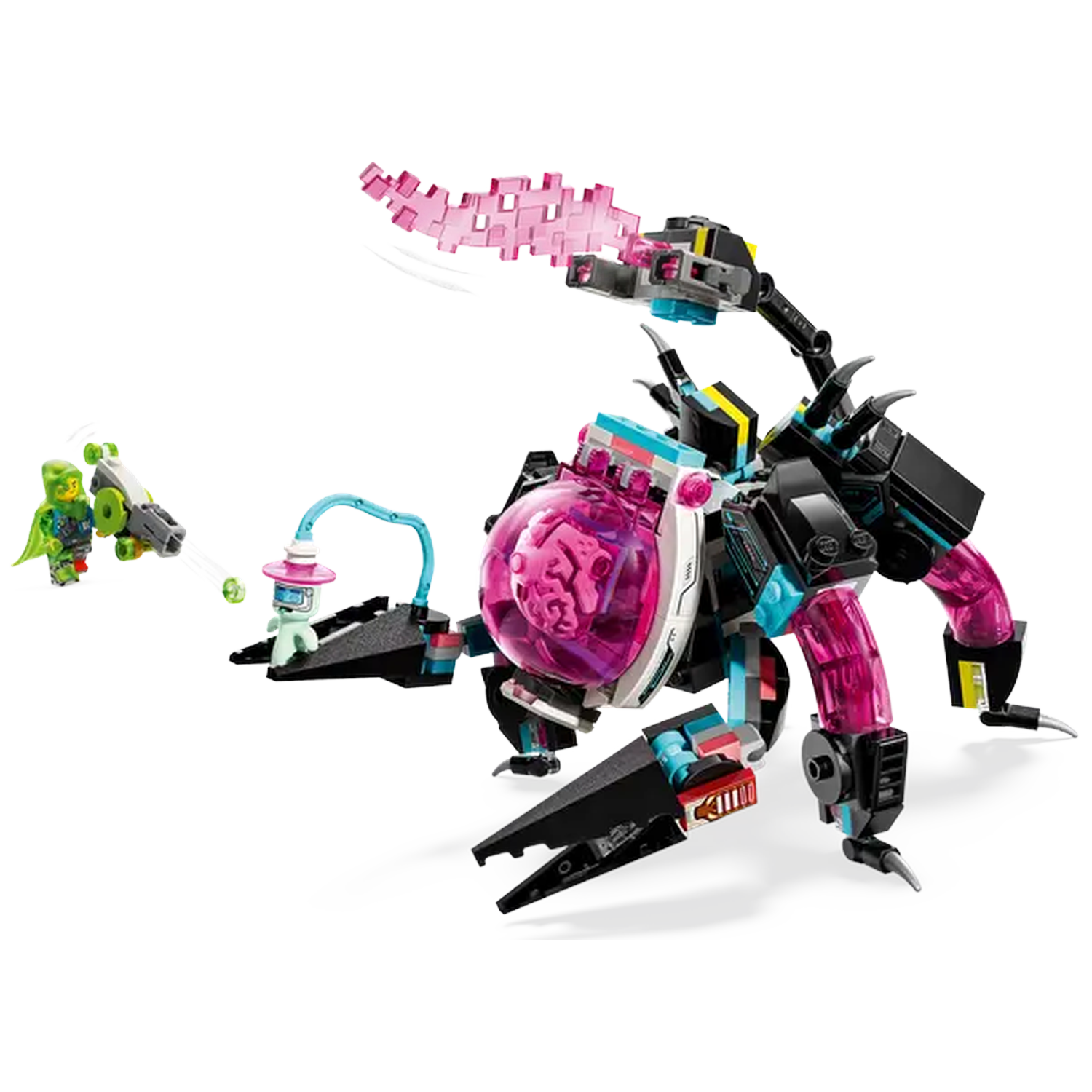 Lego set: A large black and pink robotic spider, a green figure shooting a laser, and a small white figure.