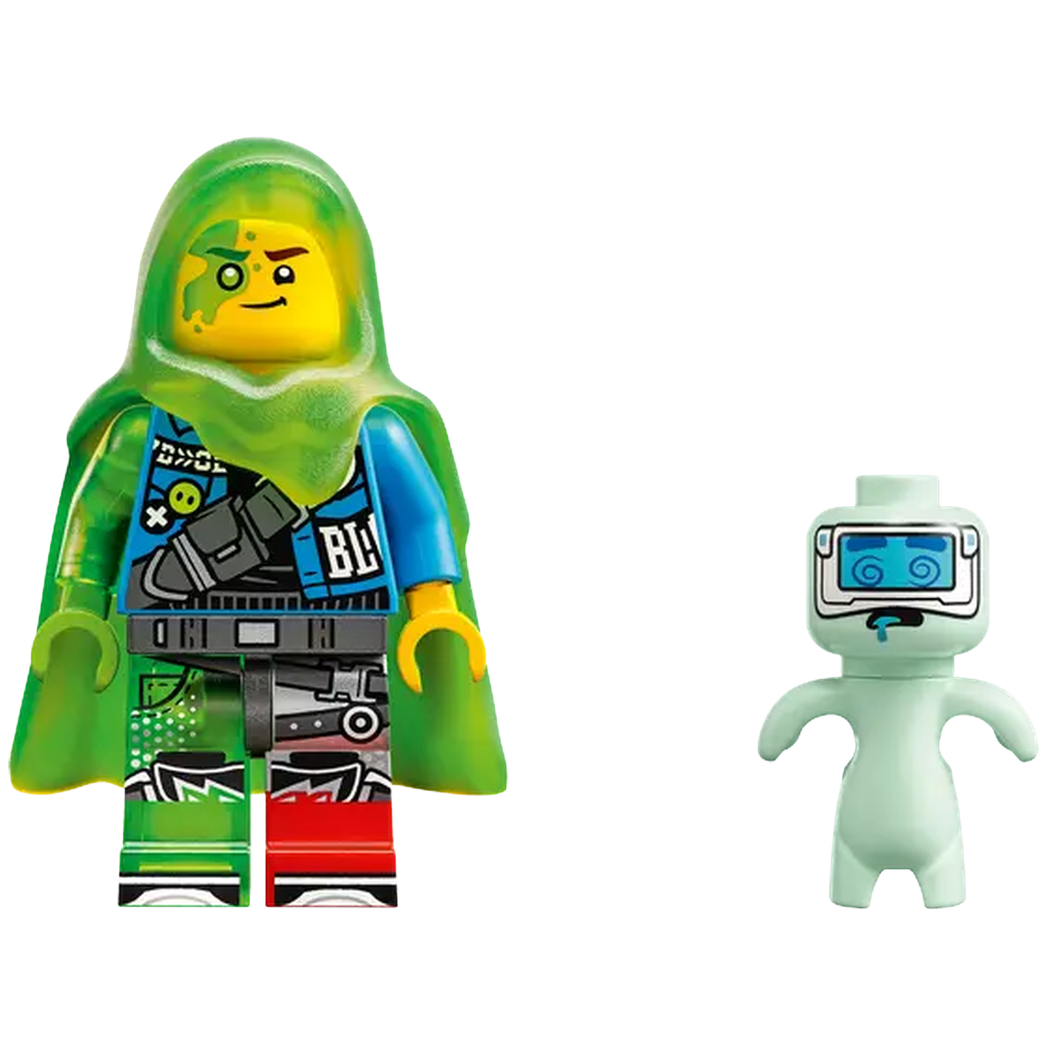 Two Lego figures. One wears a green hooded cloak and blue shirt. The other is a small, light green figure with a screen head.