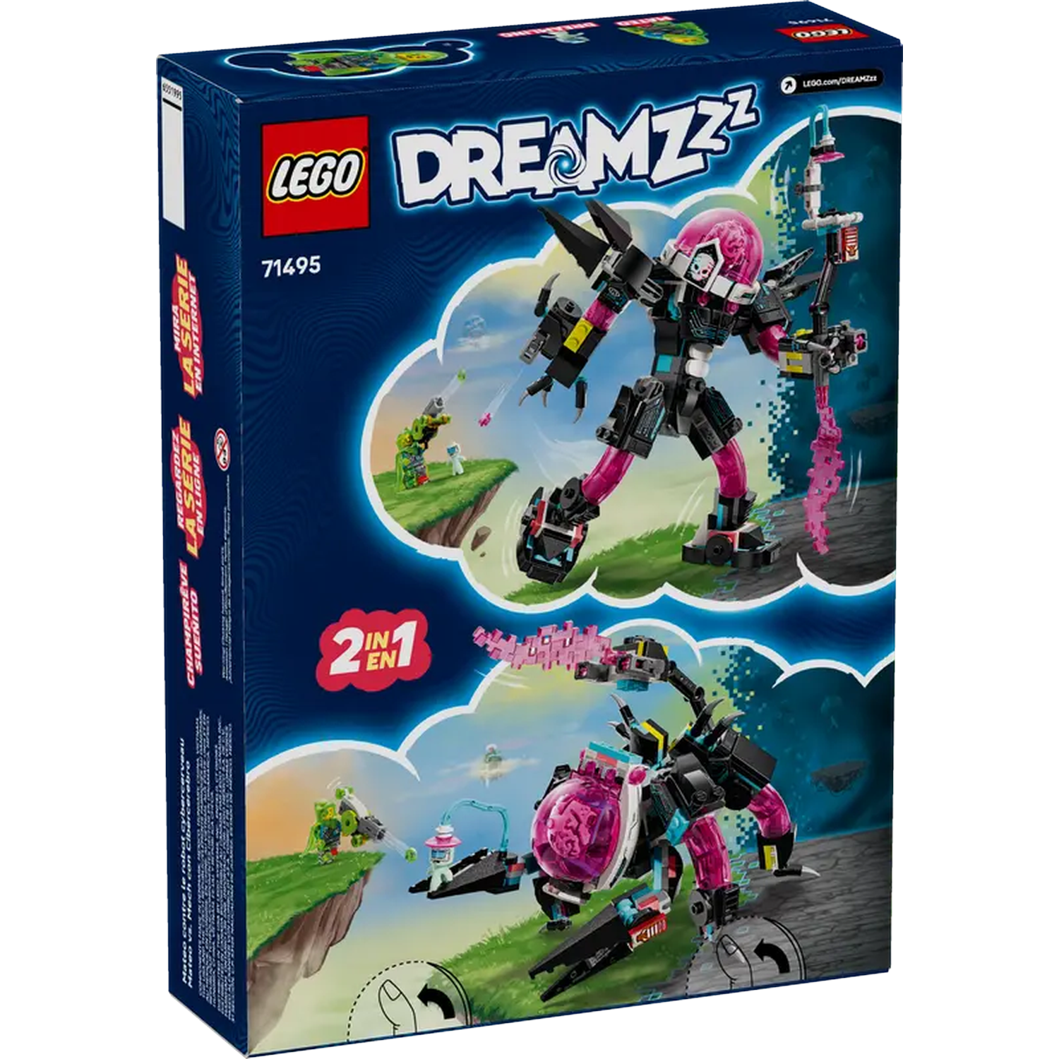 Lego Dreamzzz box. Shows a robot with a pink brain, black and pink legs and arms. The box says 2 in 1.