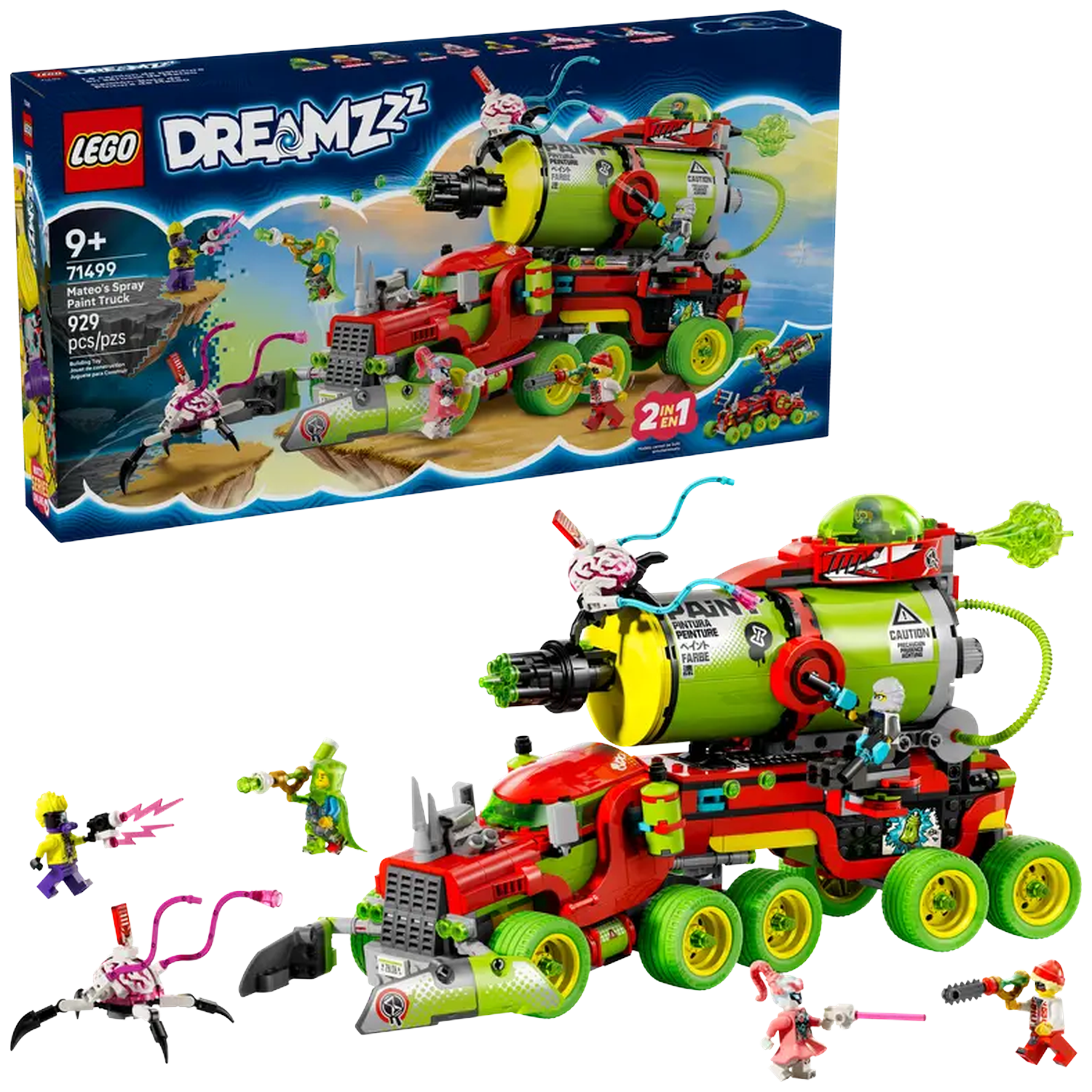 LEGO Dreamzzz set. A red and green truck with yellow wheels. Includes minifigures and a box with the same truck on it.