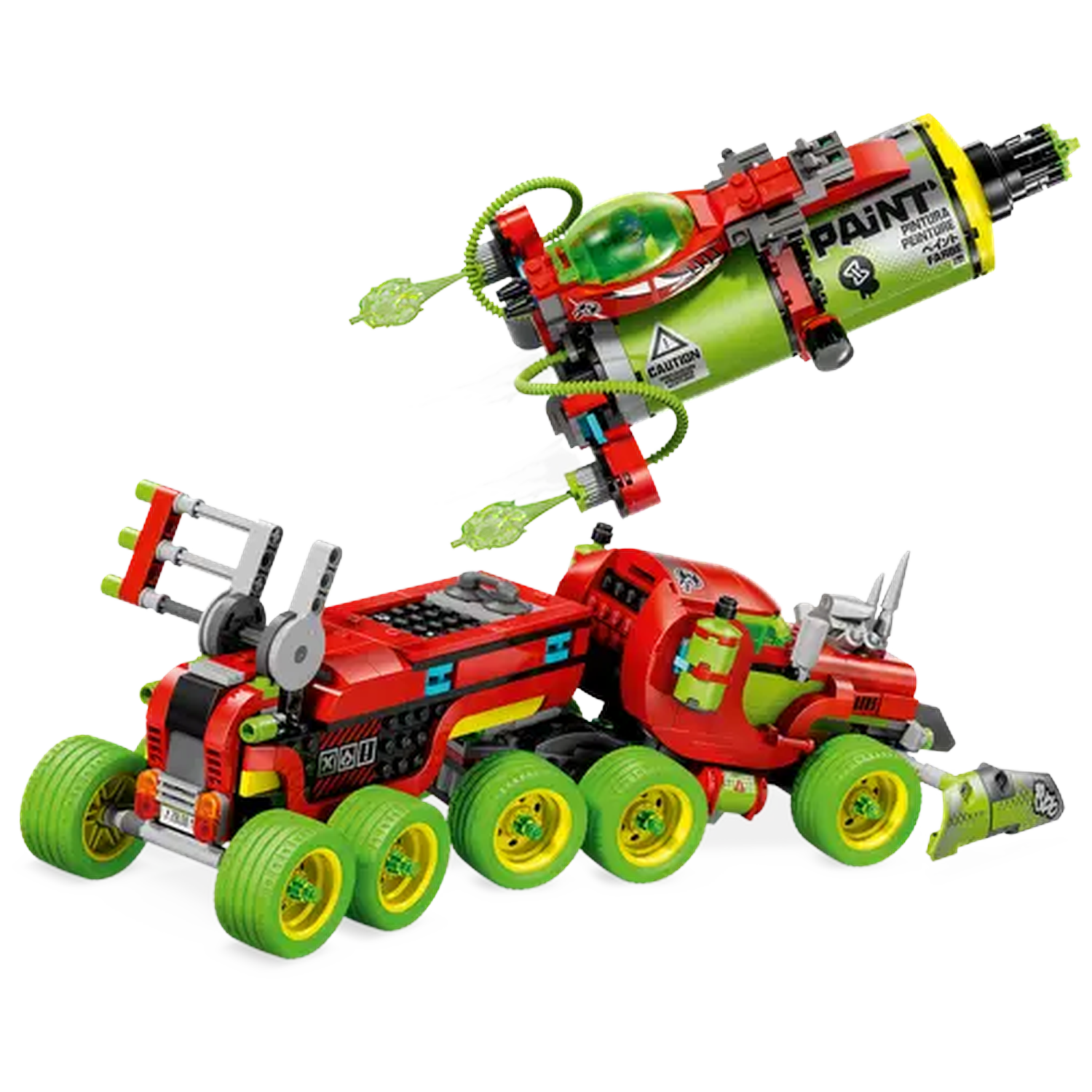 A red and green toy vehicle with six wheels and a paint gun, designed with Lego-like blocks, is shown on a white background.