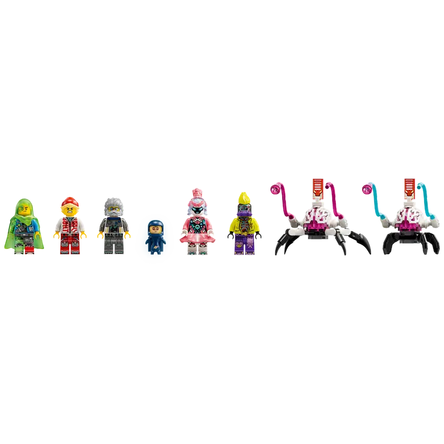 Seven Lego figures and two spider-like creatures. Figures include a green-robed figure, a red and white figure, and others.