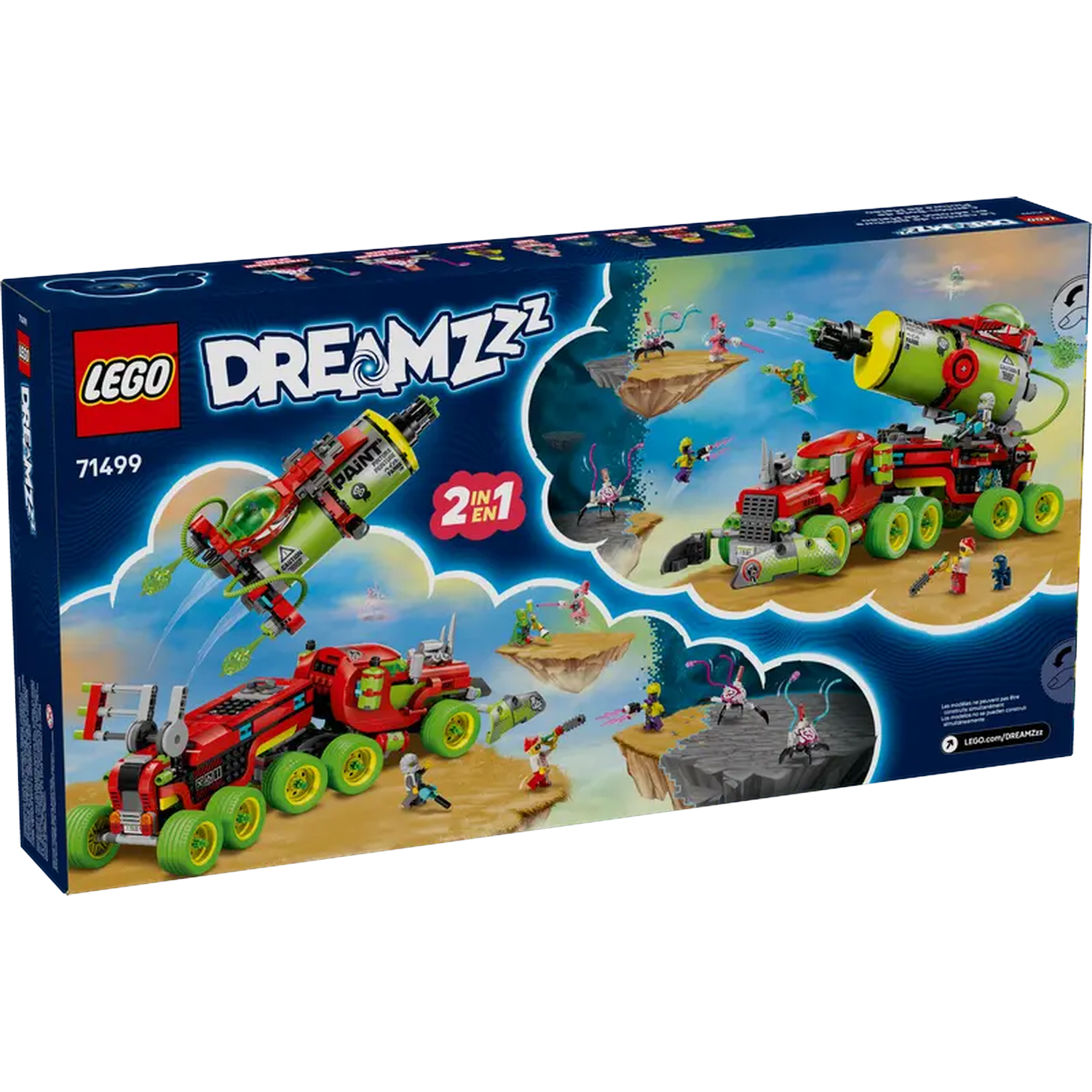 Lego Dreamzzz box featuring a red and green truck with large wheels, and a green cannon. Several mini-figures are present.