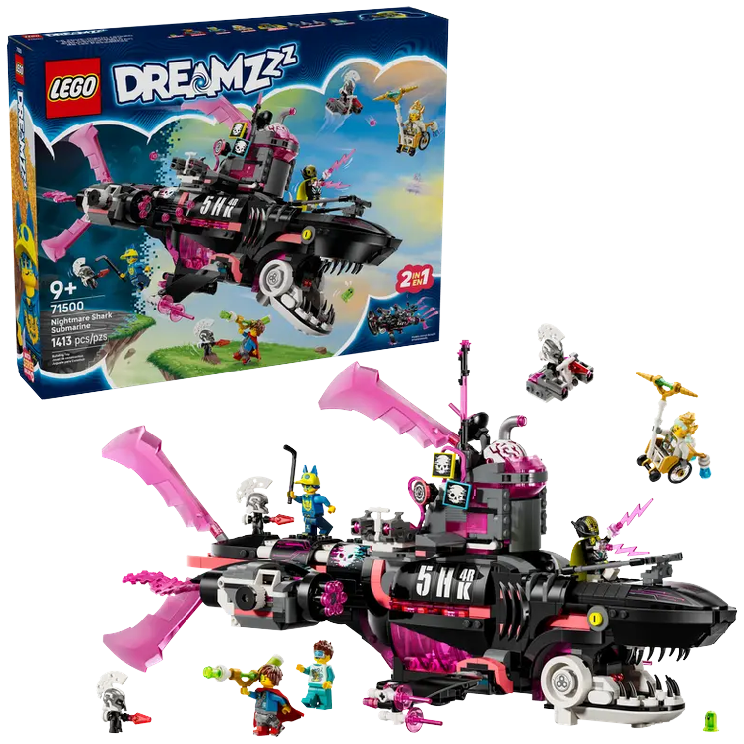 Lego Dreamzzz set. Black shark submarine with pink accents, minifigures, and box in the background with same image.