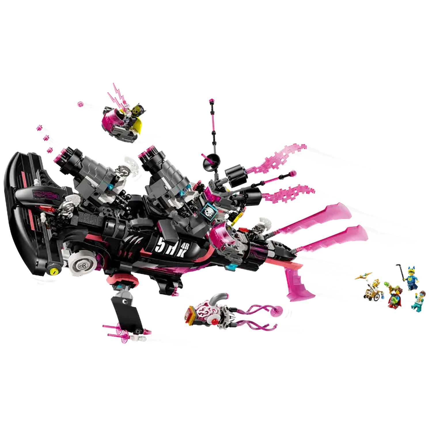 A Lego set featuring a black and pink spaceship with multiple cannons and smaller figures. Several figures are on the right side.