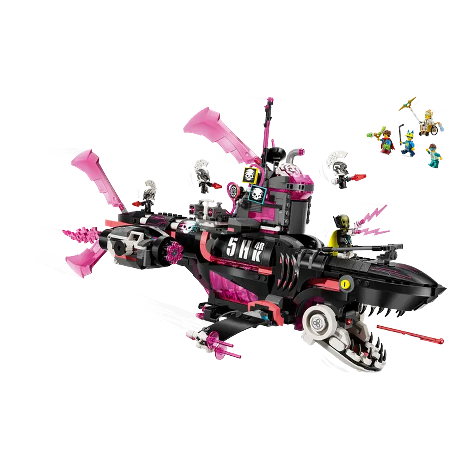 A black and pink Lego shark-shaped vehicle with minifigures. The shark has a mouth, fins, and weapons. Several minifigs are in the scene.