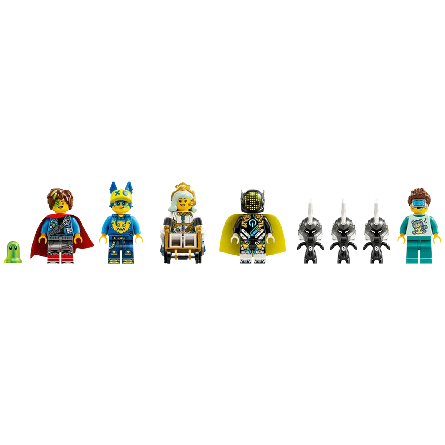 Seven Lego minifigures are arranged. A green blob, a hero with a cape, a blue character, a queen in a carriage, a robot, and three black robots.