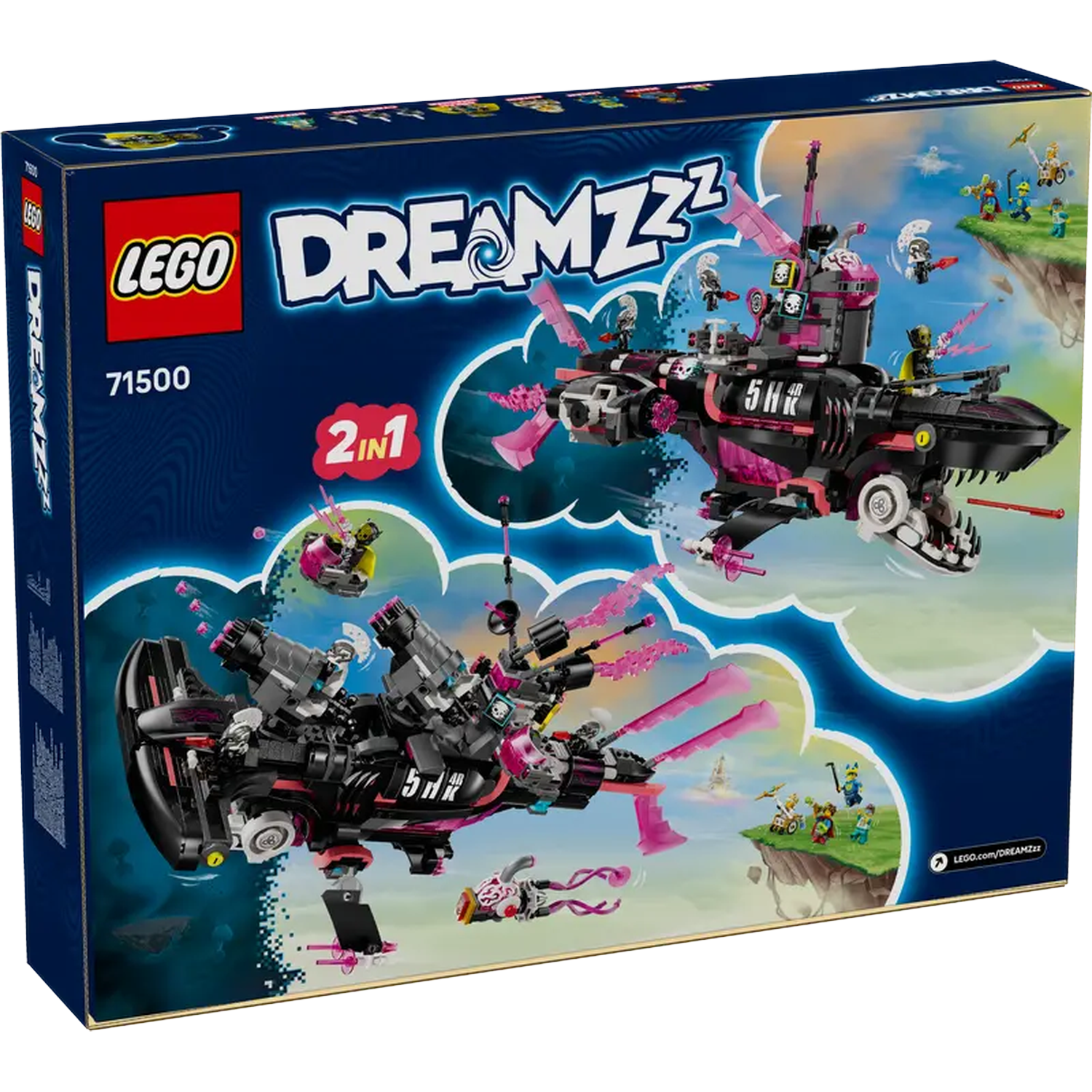Lego Dreamzzz 71500 box. Shows a black and pink Lego set with a shark-shaped vehicle. Background shows other Lego figures.