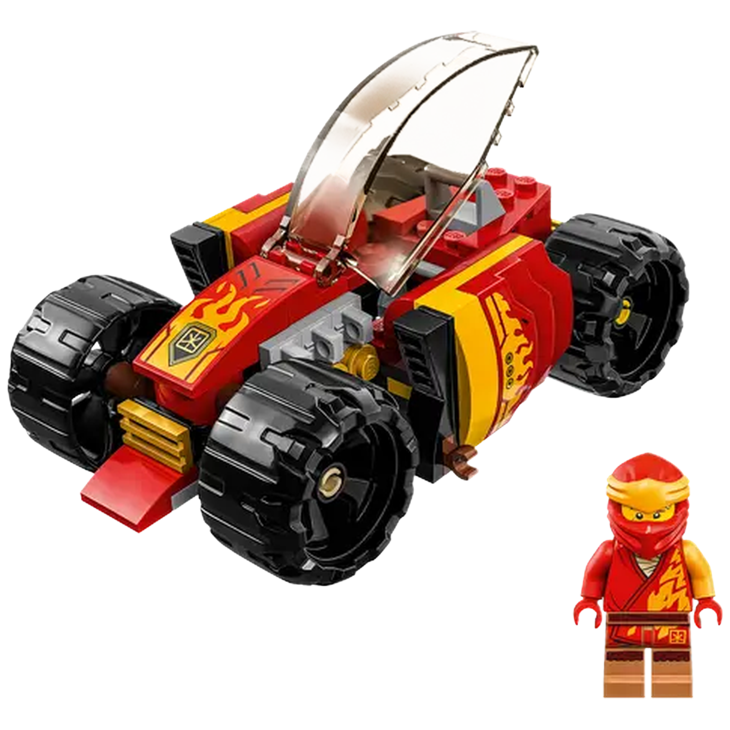 A red and yellow Lego race car with a clear canopy and a Lego figure with a red outfit and mask.