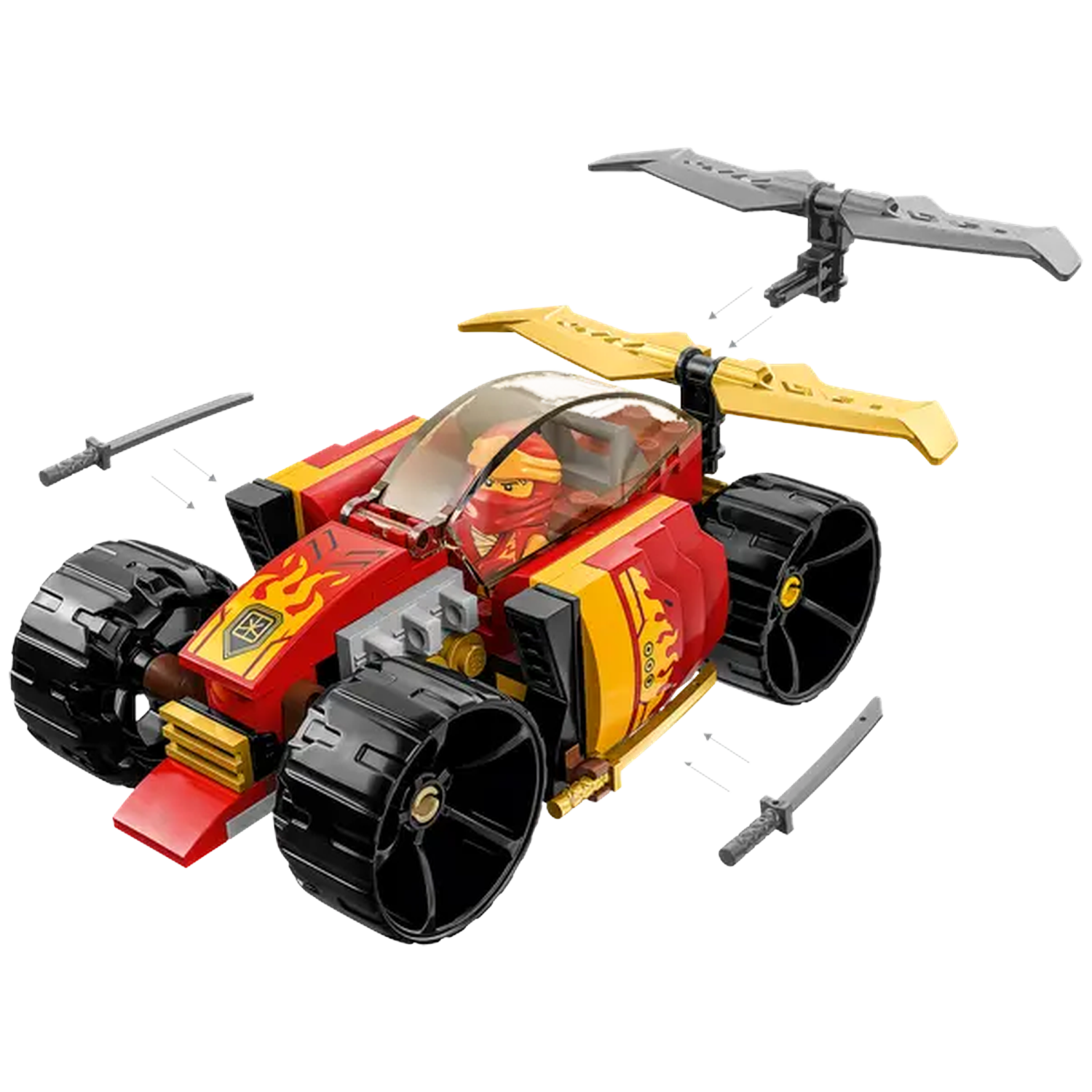 A red and yellow Lego car with a minifigure inside. Includes two swords and a propeller. Black wheels and a clear top.