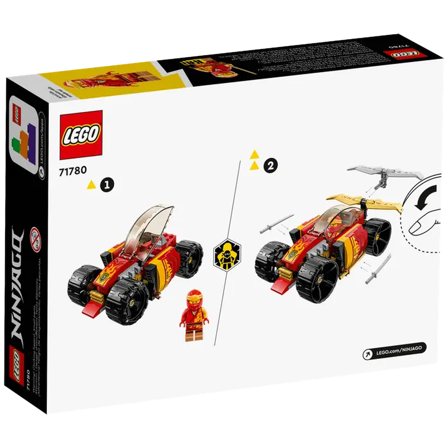 The box shows a red and yellow Lego Ninjago race car. A Lego figure is beside the car. The Lego logo is at the top of the box.