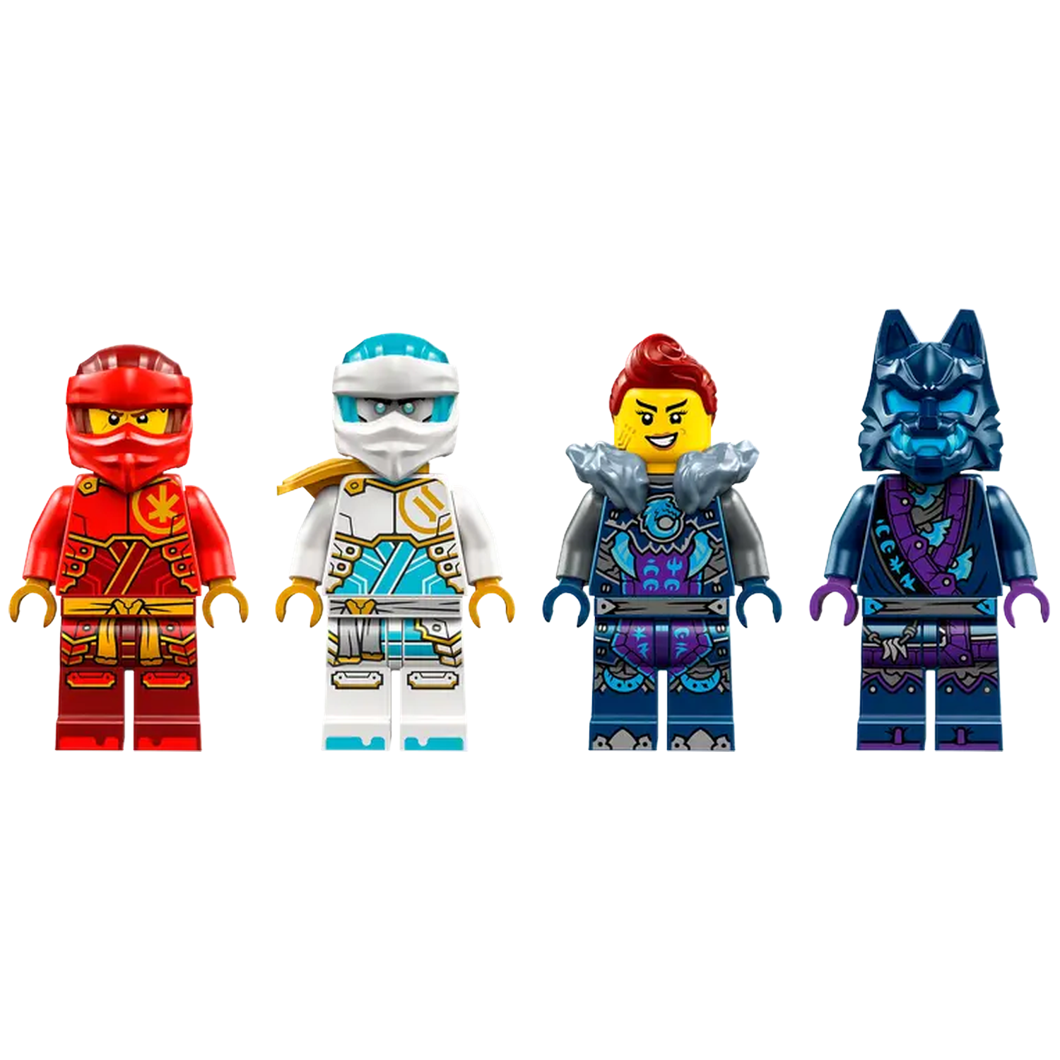 Vier Lego Ninjago-figuren: rood, wit, blauw met een rode kop en een blauwe figuur met een wolvenkop.