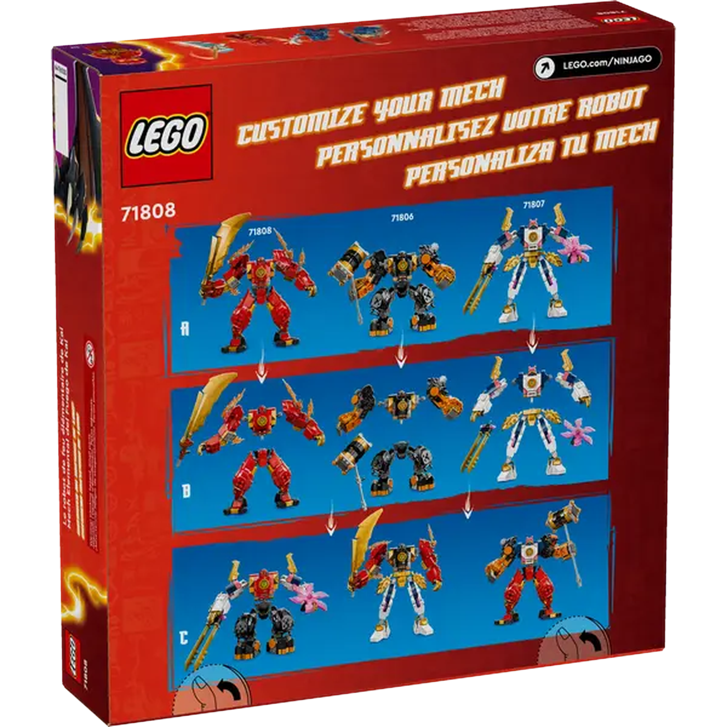 De LEGO-doos toont robot-aanpassingsopties. Rode, gouden en witte robots worden weergegeven. Tekst omvat 'Customize Your Mech'.
