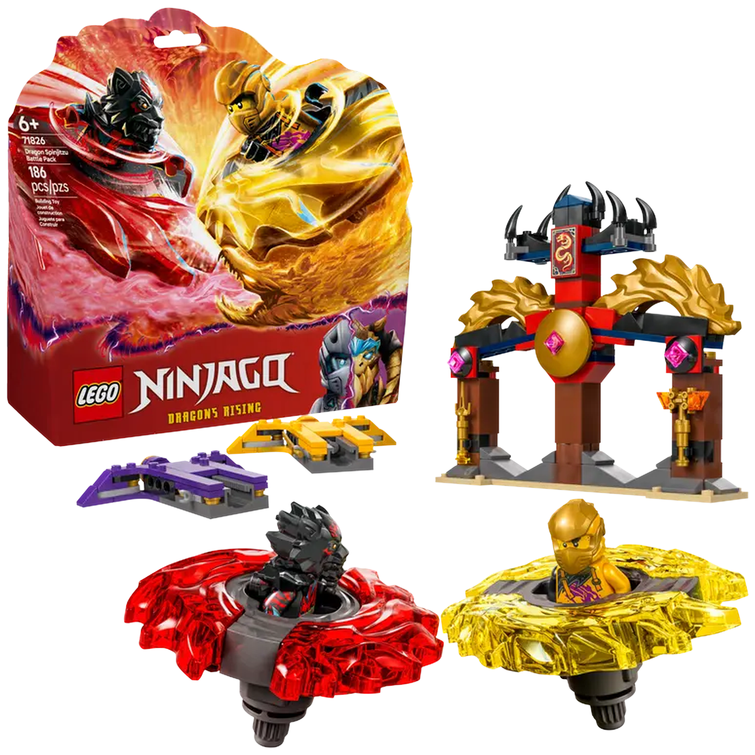 LEGO Ninjago Dragon Spinjitzu Battle Pack. Includes figures in red and gold spinners, a battle arena, and a box with characters.