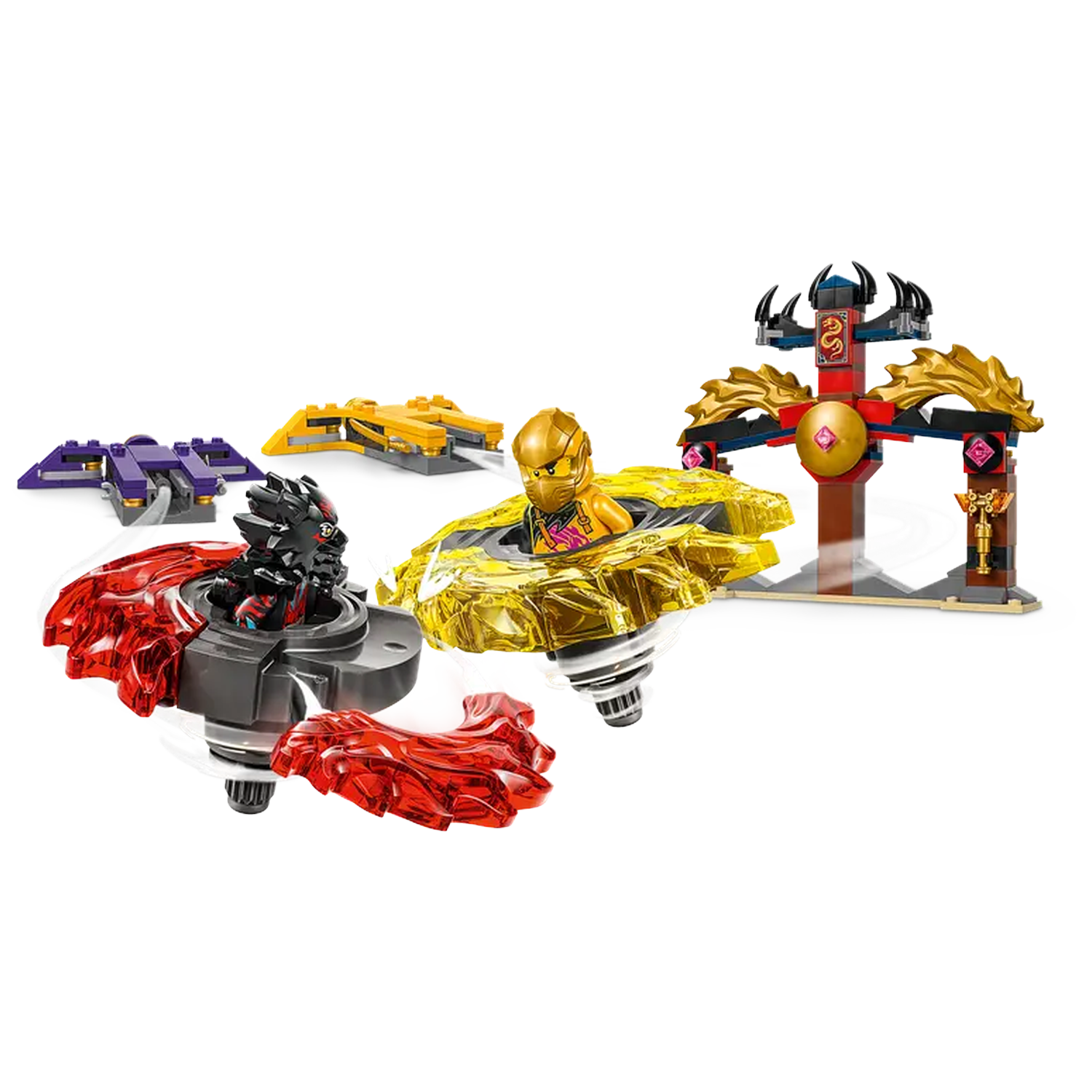 Lego set with spinning tops, figures, and a decorative structure. Colors include red, black, yellow, purple, and gold.