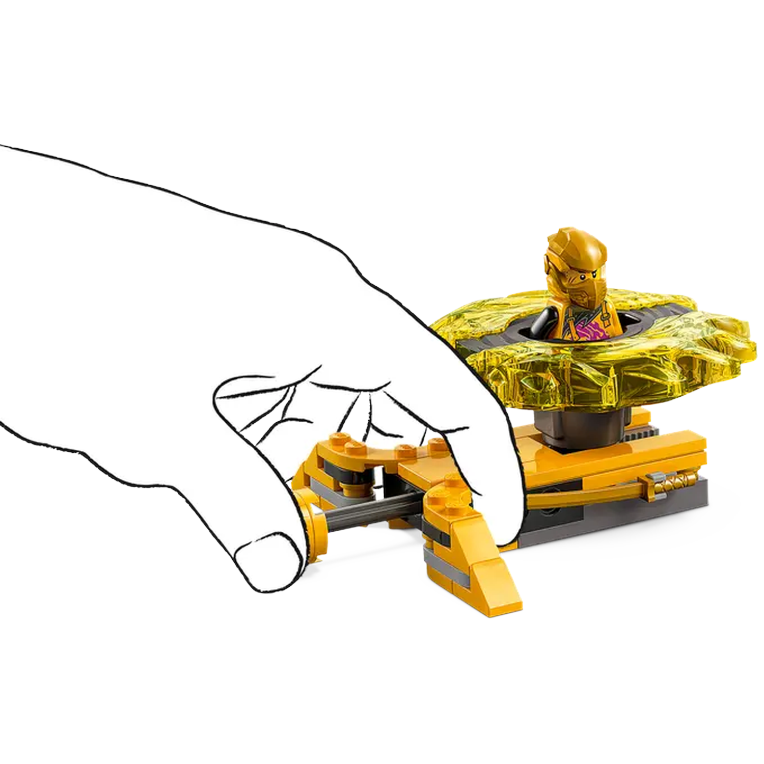A hand interacts with a Lego structure. A gold Lego figure is in a yellow structure with a hand interacting with the yellow structure.